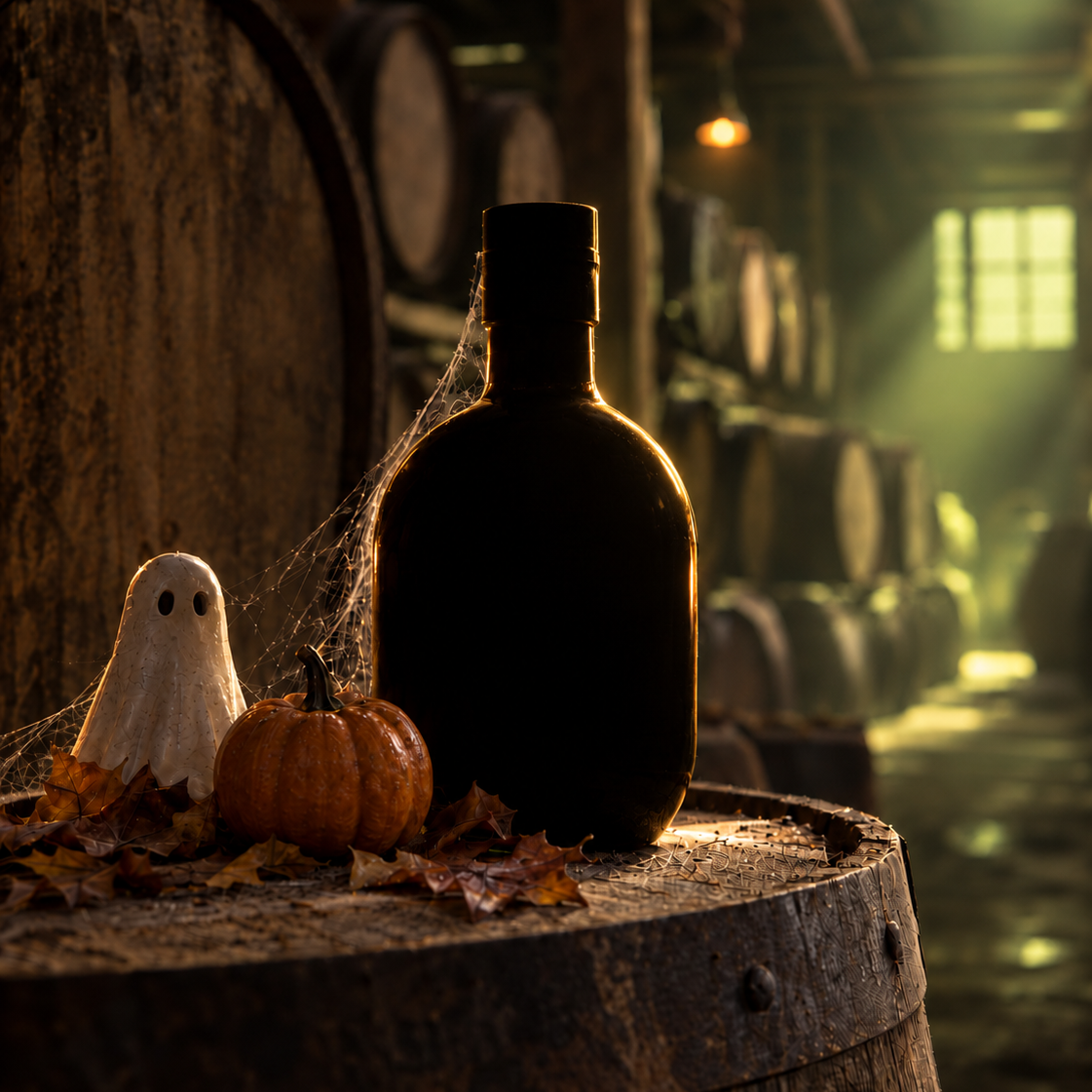 A Halloween-themed scene featuring a silhouette of the Glenrothes 13yo Halloween Edition, a small pumpkin, a ghost figurine, and dried leaves on a wooden surface in a dunnage warehouse with barrels and warm sunlight filtering through a window.