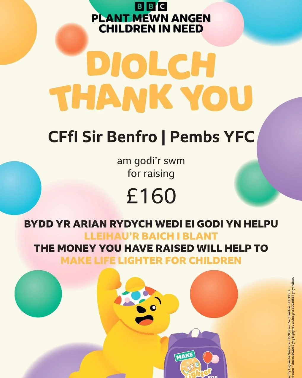 Da iawn aelodau'r Fforwm Ieuenctid am godi &pound;160 i Blant mewn Angen gyda'u Raffl Sgw&acirc;r yn ein Ffair Aeaf penwythnos diwethaf! 👏

Llongyfarchiadau i Scott Robinson a Rhys Evans ar ennill y raffl a diolch yn fawr i Folly Farm Adventure Park