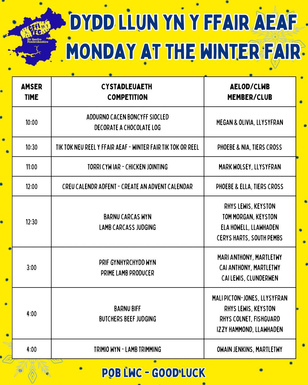 ❄️ DYDD LLUN YN Y FFAIR AEAF &bull; MONDAY AT THE WINTER FAIR ❄️ 

🍀 Pob lwc i bawb - Good luck to all competitors 🍀