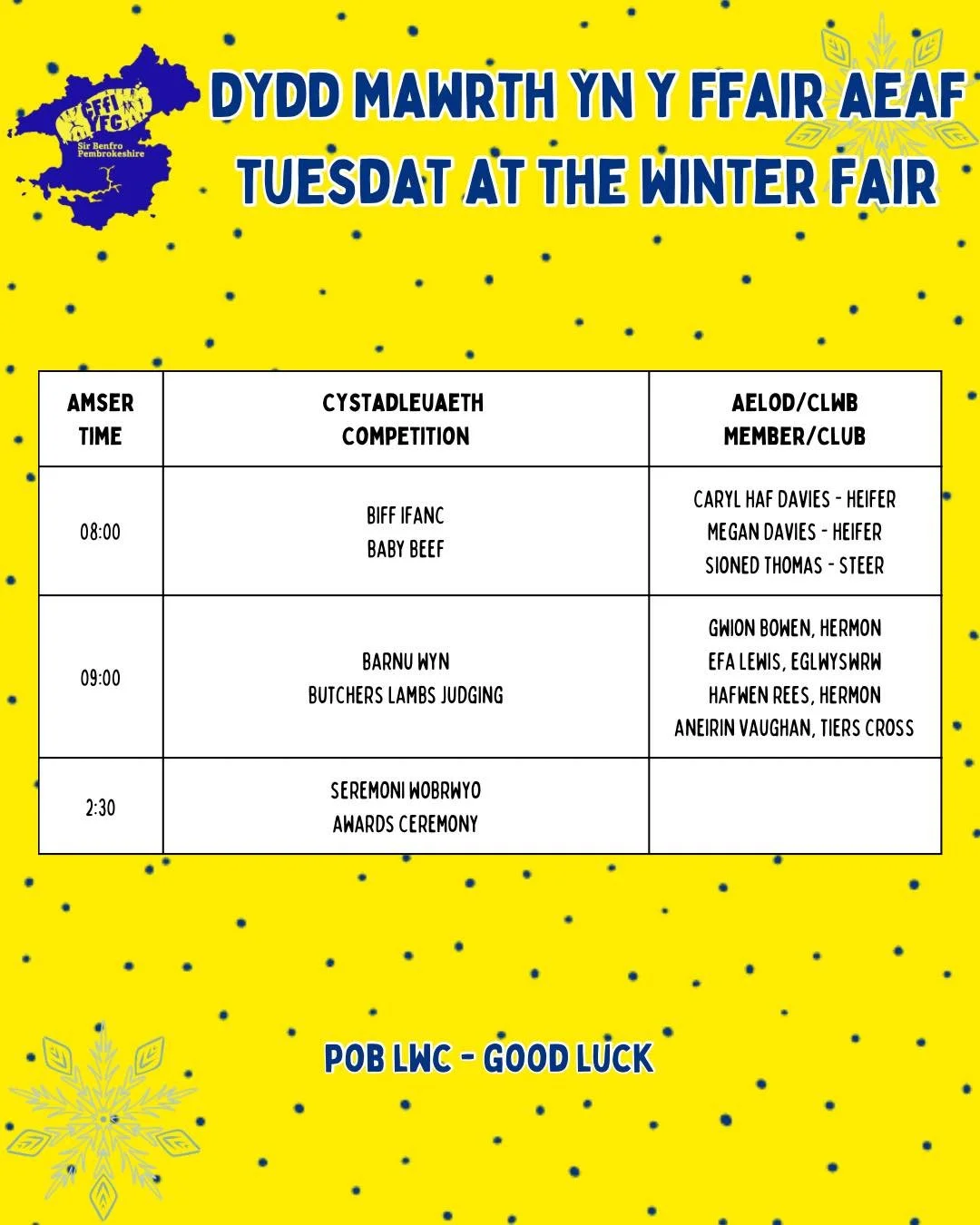 ❄️ DYDD MAWRTH YN Y FFAIR AEAF &bull; TUESDAY AT THE WINTER FAIR ❄️ 

🍀 Pob lwc i bawb - Good luck to all competitors 🍀