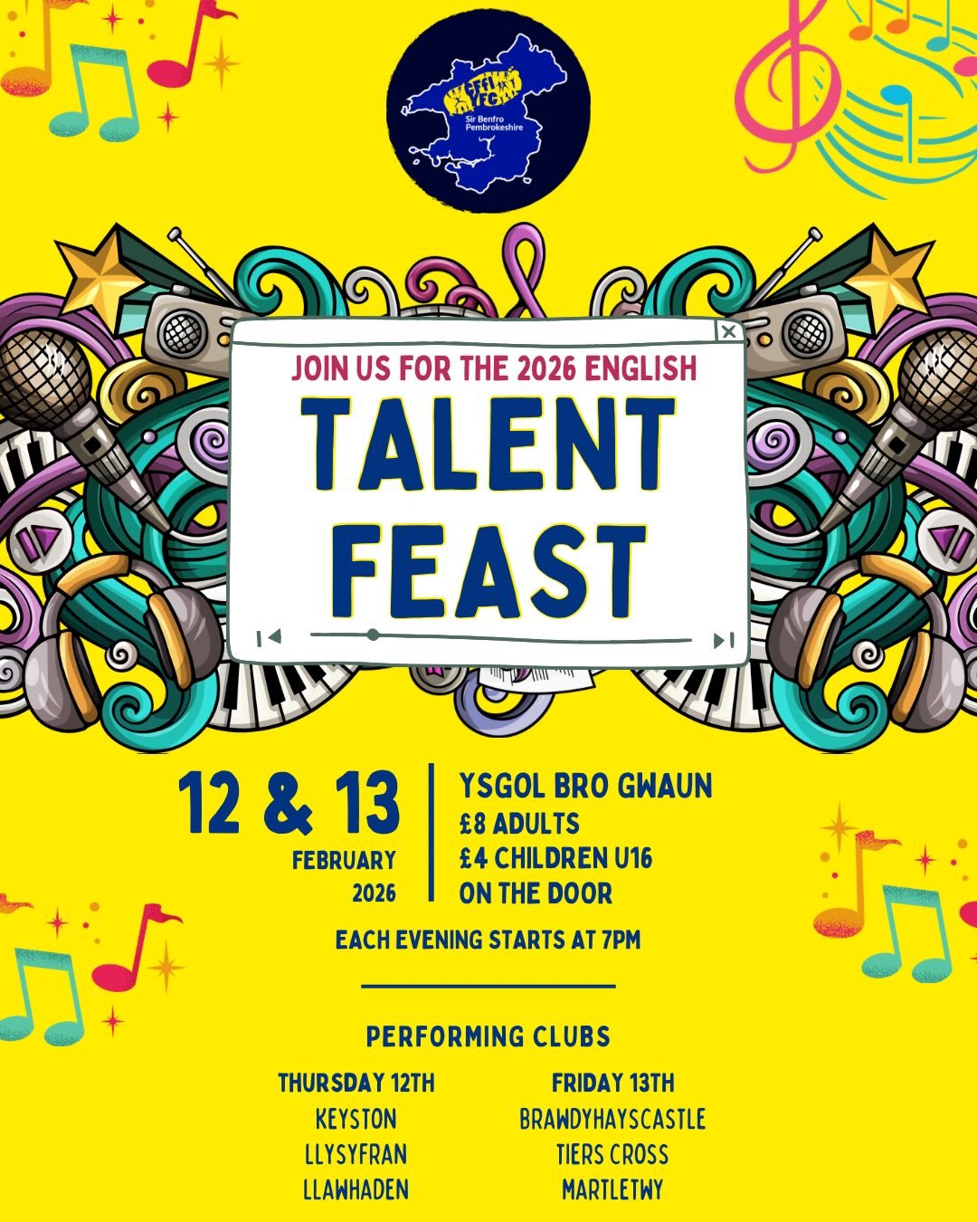 🎭 𝗚𝗪𝗬𝗟 𝗔𝗗𝗟𝗢𝗡𝗜𝗔𝗡𝗧 𝟮𝟬𝟮𝟲 𝗘𝗡𝗧𝗘𝗥𝗧𝗔𝗜𝗡𝗠𝗘𝗡𝗧 𝗙𝗘𝗔𝗦𝗧 🎭 

What a line up for the 2026 Talent Feast 🤌🏼

🌟 Adloniant Cymraeg &bull; Welsh Language Talent

📍Ysgol Bro Preseli
📆 Nos Fawrth &bull; Tuesday 10.02.26
⏰ 7.00
🎟️ 