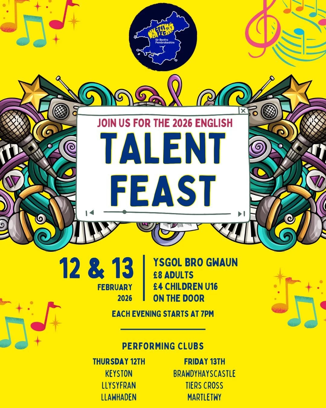 🎭 𝗚𝗪𝗬𝗟 𝗔𝗗𝗟𝗢𝗡𝗜𝗔𝗡𝗧 𝟮𝟬𝟮𝟲 𝗘𝗡𝗧𝗘𝗥𝗧𝗔𝗜𝗡𝗠𝗘𝗡𝗧 𝗙𝗘𝗔𝗦𝗧 🎭 

What a line up for the 2026 Talent Feast 🤌🏼

🌟 Adloniant Cymraeg &bull; Welsh Language Talent

📍Ysgol Bro Preseli
📆 Nos Fawrth &bull; Tuesday 10.02.26
⏰ 7.00
🎟️ 
