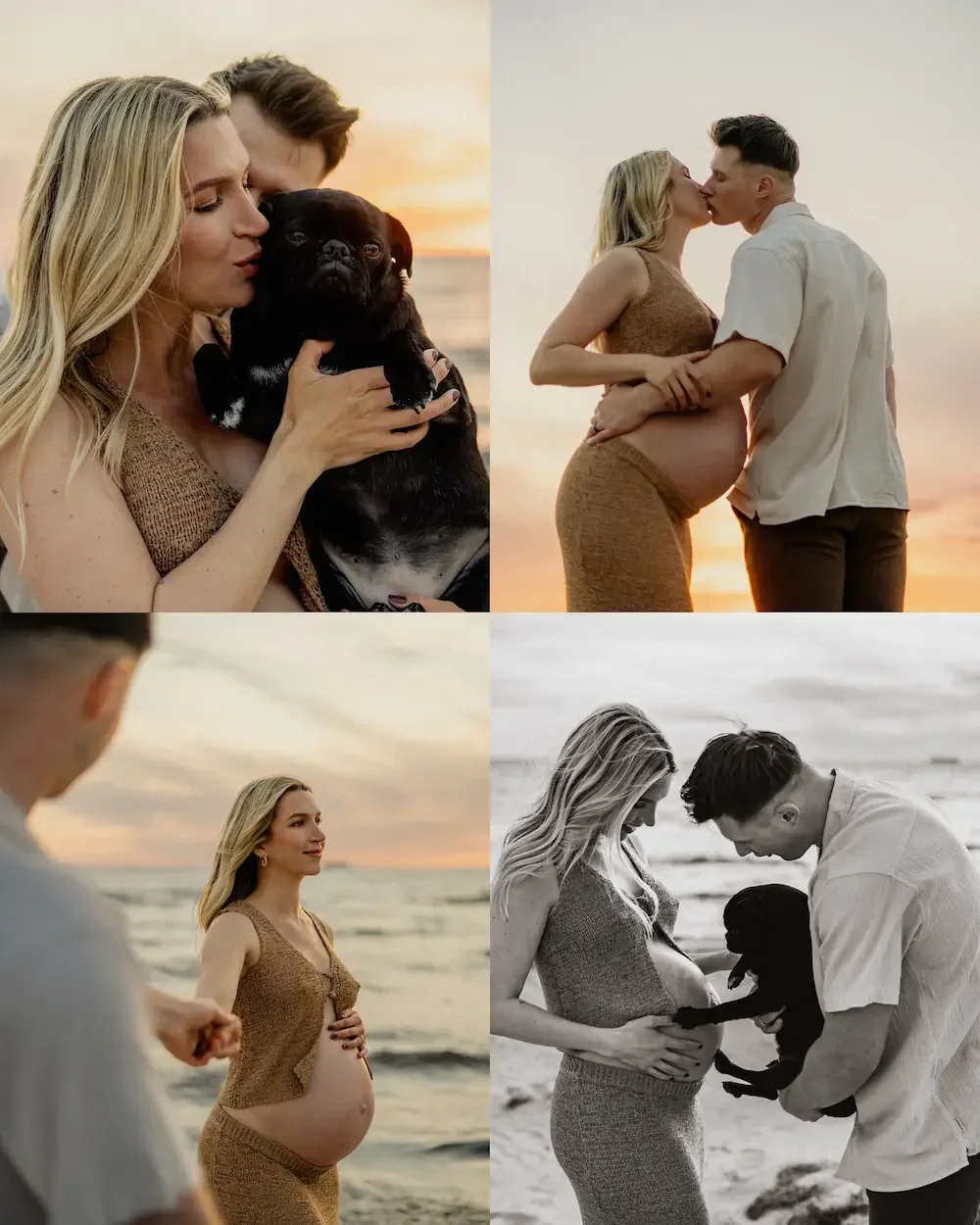 Collage med fyra bilder från en gravidfotografering i solnedgången på en strand i Skåne.