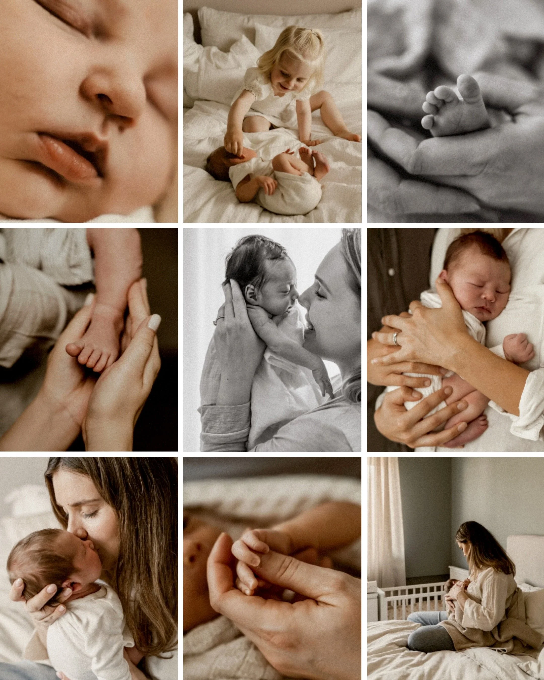 Ett bildkollage med bilder från olika nyföddfotograferingar i avskalad och jordnära stil. Bilder tagna i familjernas hem med fokus på små detaljer så som bebishänder och fötter, kramar och närhet.