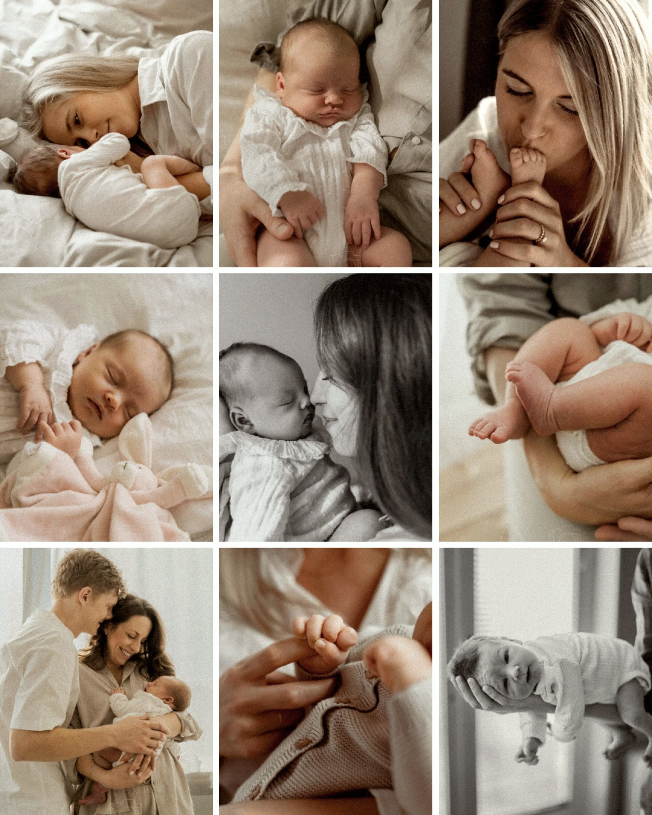 Ett bildkollage med bilder från nyföddfotograferingar i avskalad och jordnära stil. Bilder tagna i familjernas hem med fokus på små detaljer så som bebishänder och fötter, kramar och närhet.