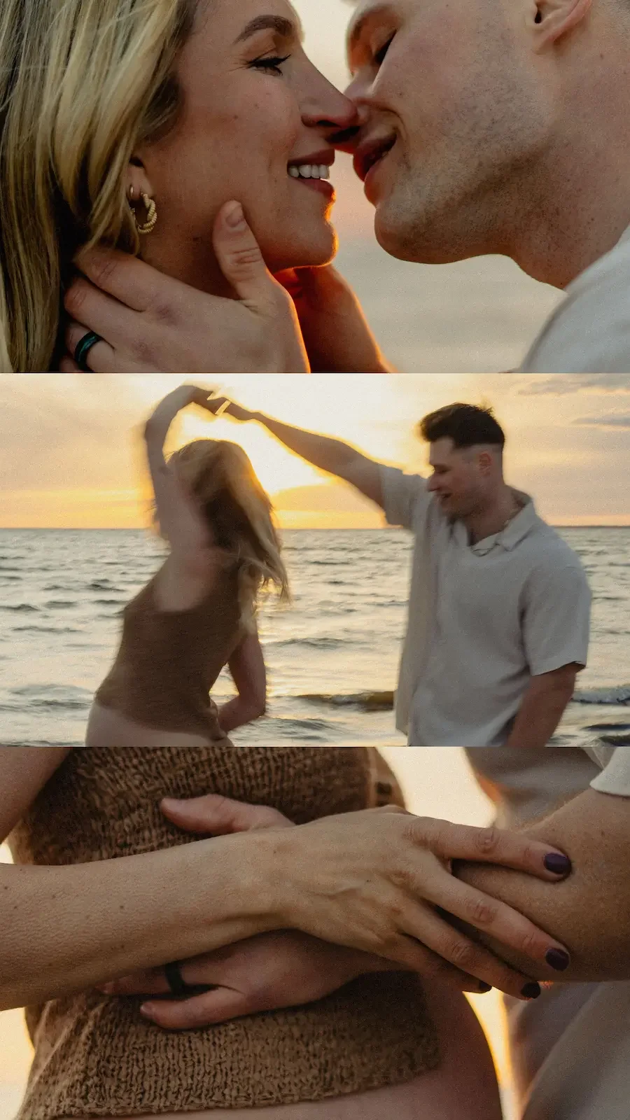 Collage med tre bilder från en gravidfotografering i solnedgången på en strand i Skåne