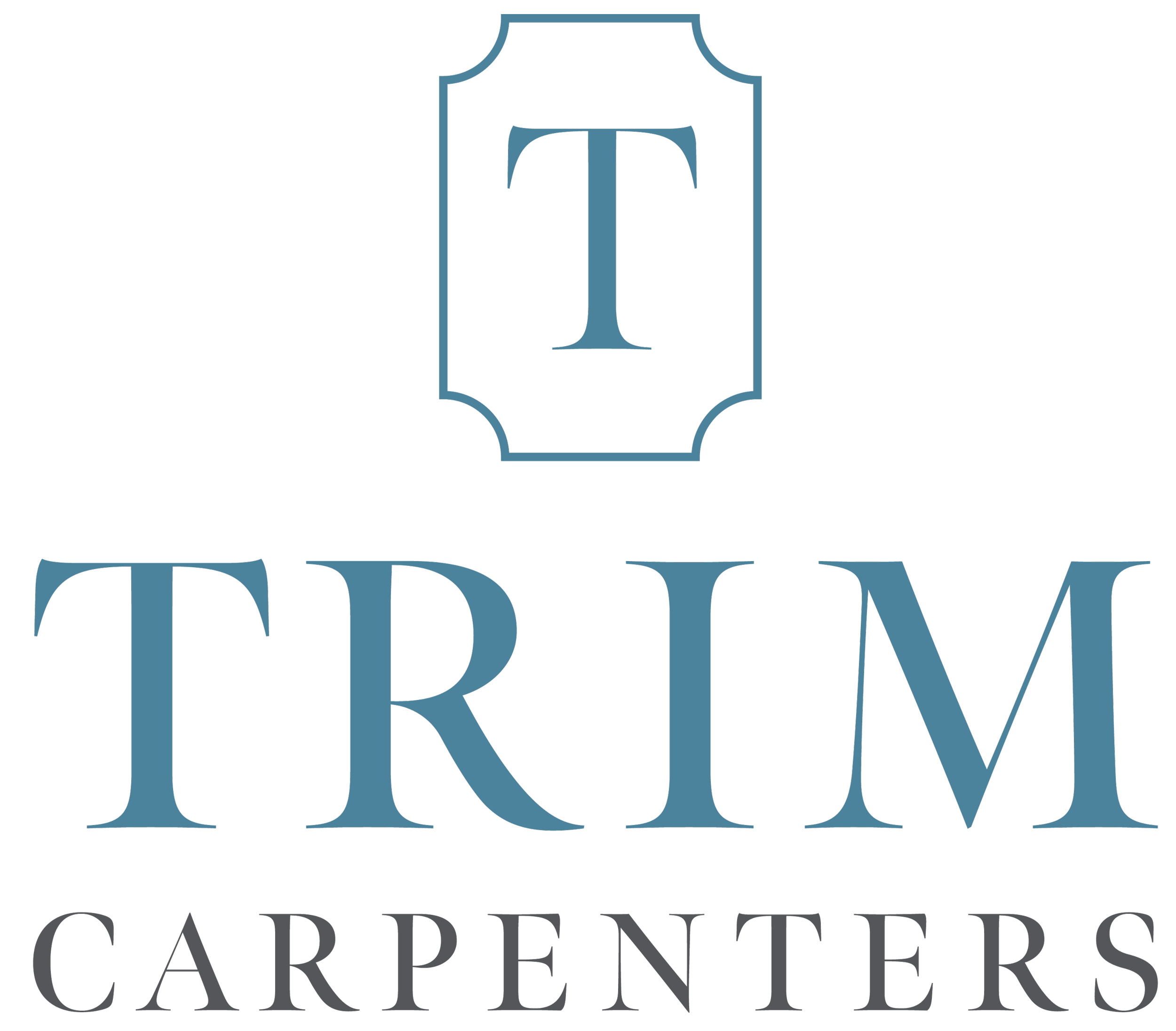 Logo for Trim Carpenters featuring a stylized 'T' in a decorative frame above the word 'TRIM' in blue, with 'CARPENTERS' in black below.