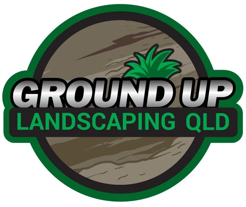 Logo of Ground Up Landscaping QLD with a green plant on a textured background.