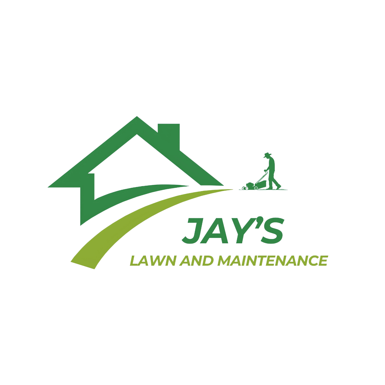 Logo of Jay's Lawn and Maintenance with a house outline and person mowing