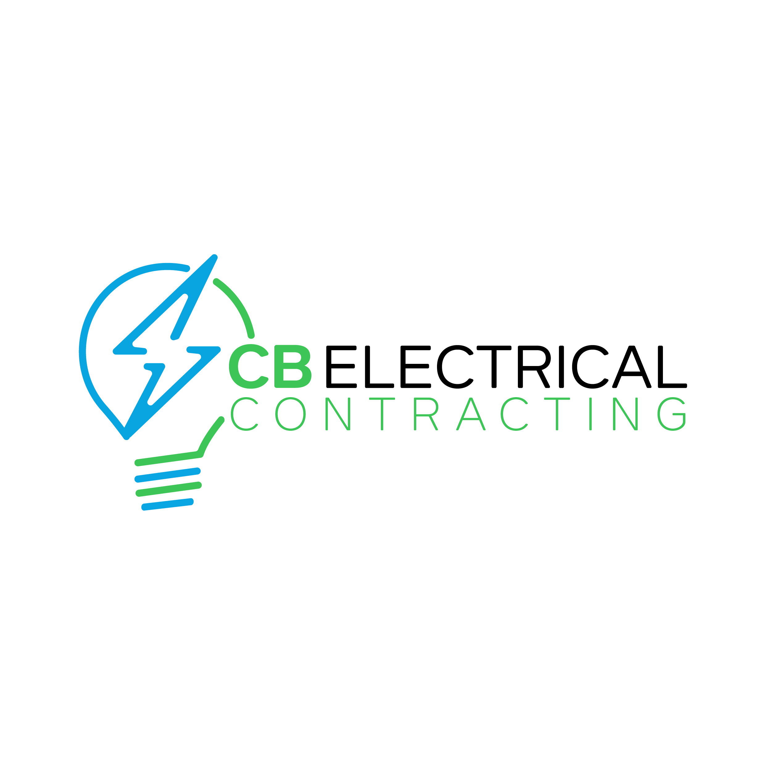 Logo of CB Contracting featuring a stylized blue electrical lightning bolt inside a lightbulb outline next to the text 'CB Contracting' in green.