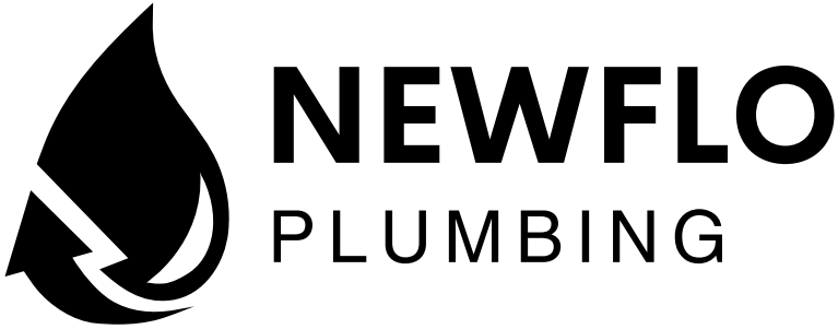 Newflo Plumbing logo with stylized water droplet and arrow design.