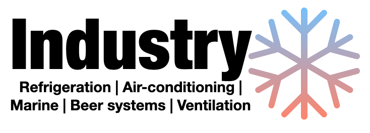 "Industry" text with a snowflake logo, listing services: Refrigeration, Air-conditioning, Marine, Beer systems, Ventilation.
