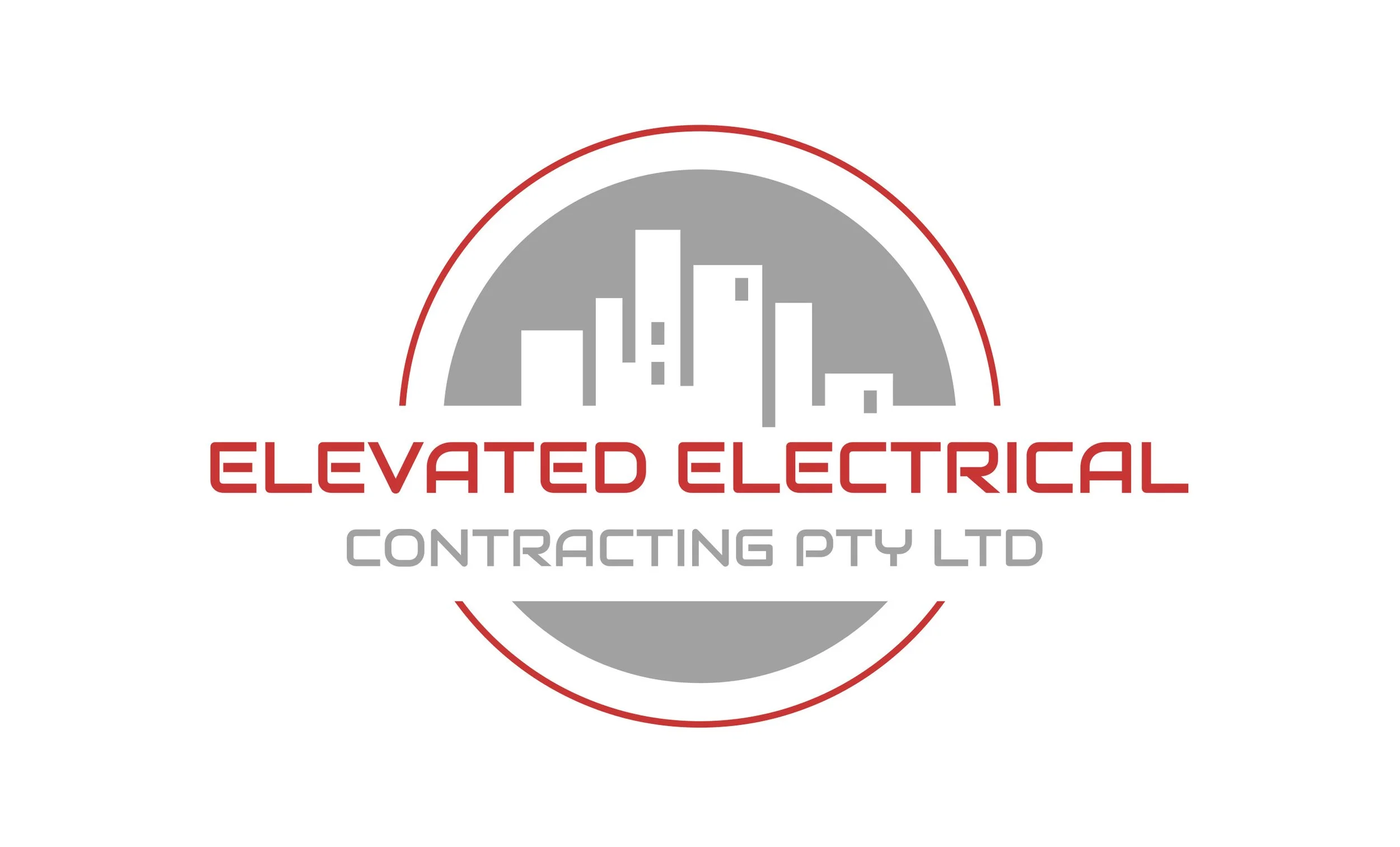 Logo of Elevated Electrical Contracting Pty Ltd featuring a stylized city skyline inside a circle with red and gray colors.