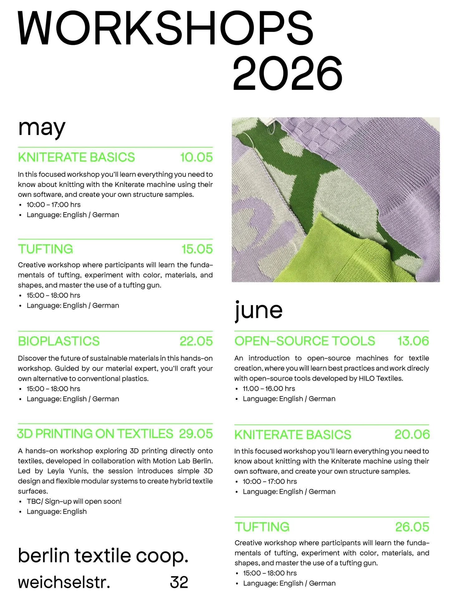 Workshops Spring 2026 ✨

After a busy winter collaborating with design universities, we&rsquo;re opening up our next workshop series &mdash; hands-on, experimental, and focused on textile technics &amp; materials.
From Kniterate and tufting to biopla