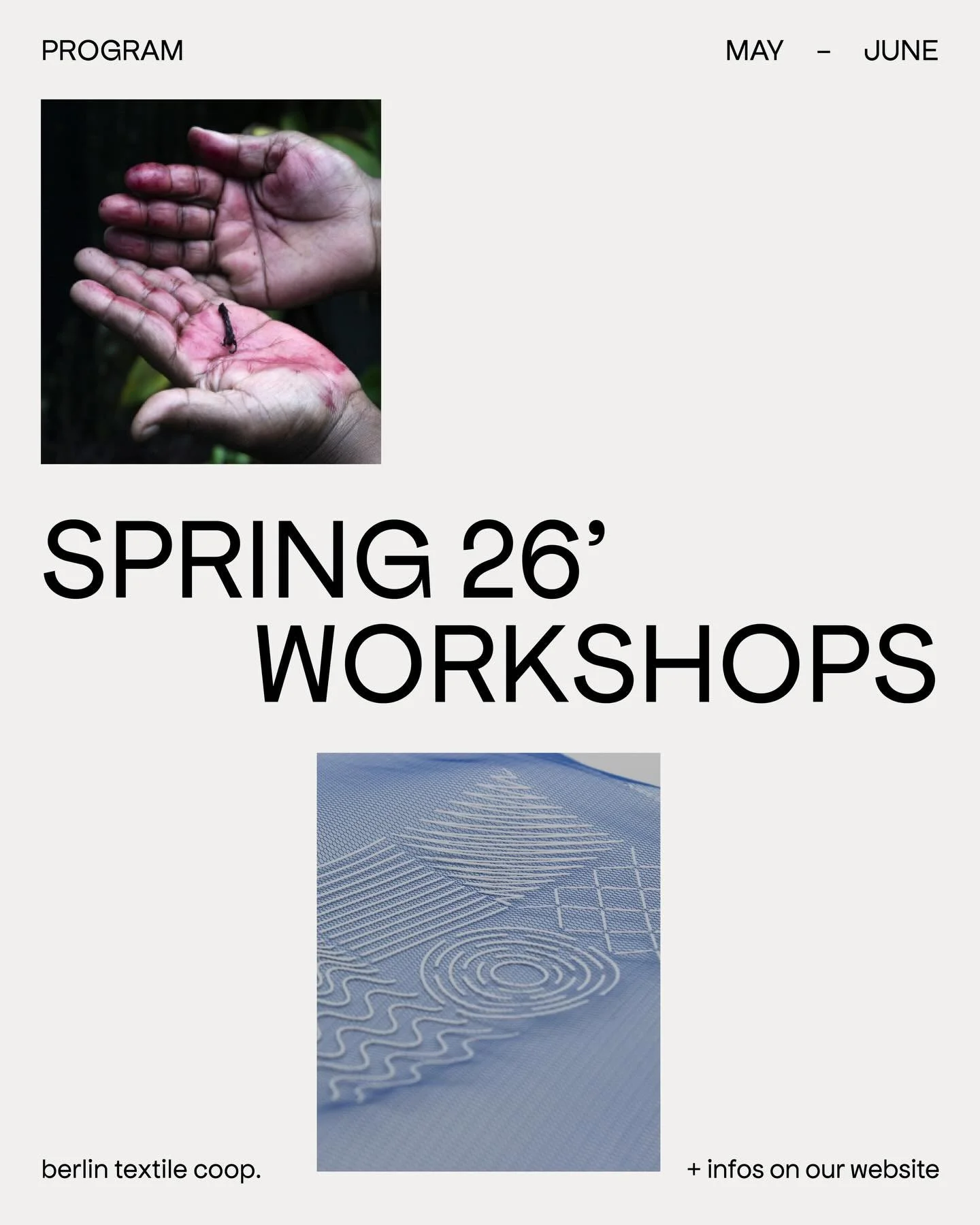 Spring special at Berlin Textile Coop 🌿

We&rsquo;re launching a new workshop series with invited artists, activists, and designers &mdash; from 3D printing on textiles with Leyla Yunis to natural pigments with Carmen Caro, and open-source textile m