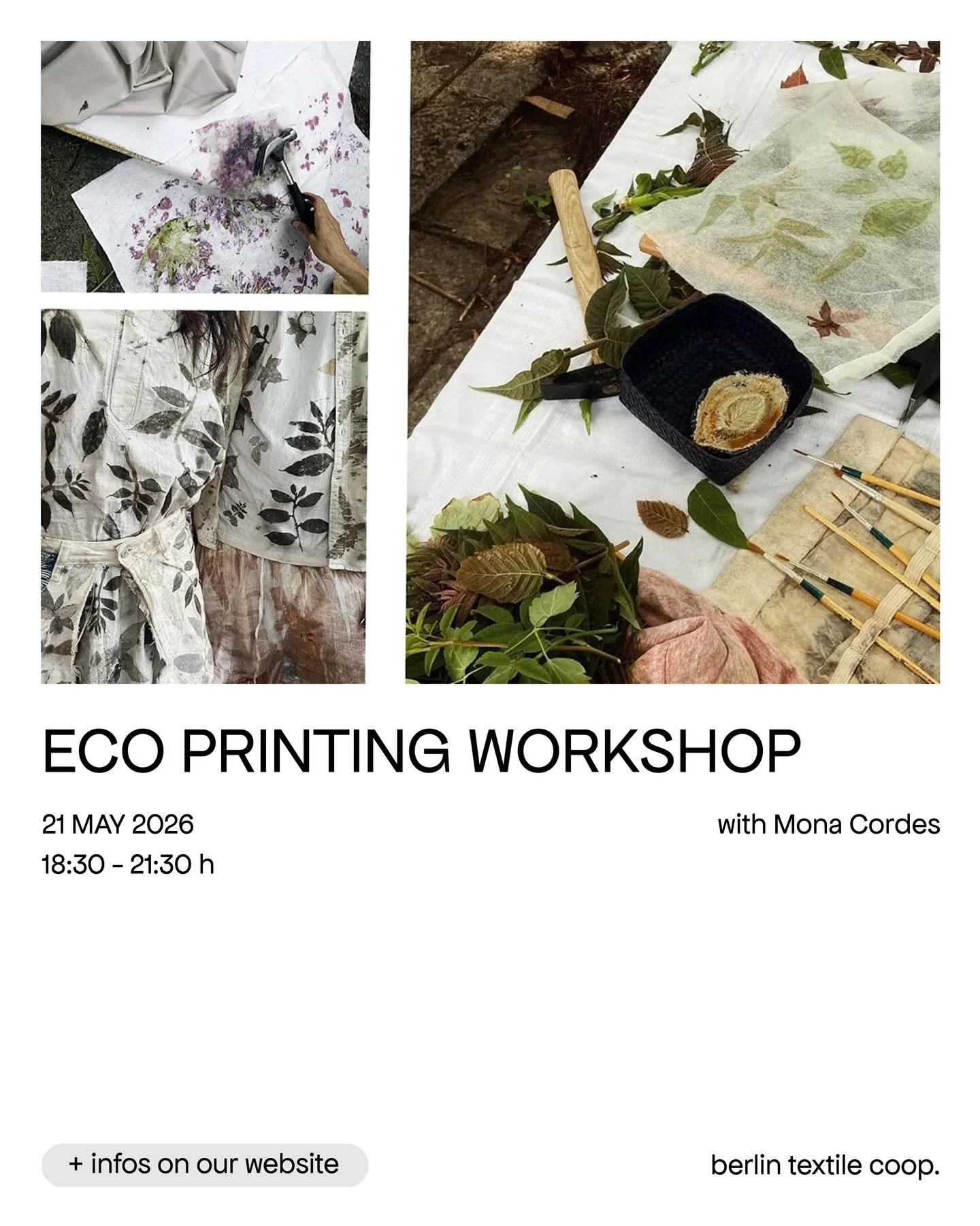 ECO PRINTING &amp; INCENSE MAKING

Workshop by Mona Cordes
21.05.2026, 18:30 - 21:30
Language: English / German
Location: Textile Coop

A hands-on introduction to eco printing: a sustainable, chemical-free technique for printing onto natural fabrics 