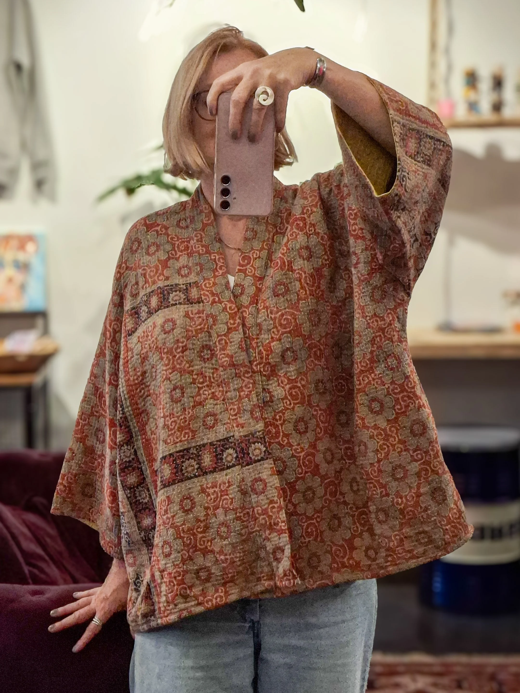 Reversible Kantha Short Kimono Jacket made from a handmade vintage quilted cotton blanket