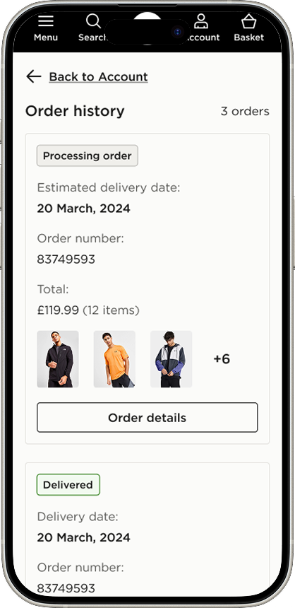 Redesigned JD Sports order history screen on mobile, showing a clean list of recent orders with clear status indicators