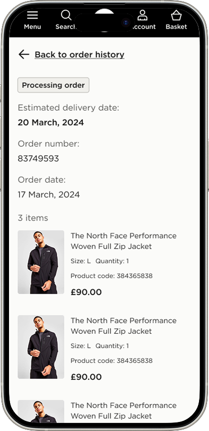 Redesigned JD Sports order details screen on mobile, showing delivery status, items ordered, and tracking information