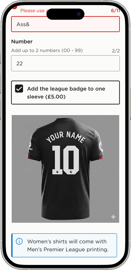 JD Sports product customisation interface on mobile, showing a football shirt with a name and number preview using curved typography to match real kit printing