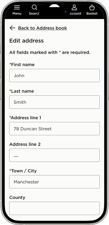 Redesigned JD Sports edit address screen on mobile, showing a structured form within the My Details section