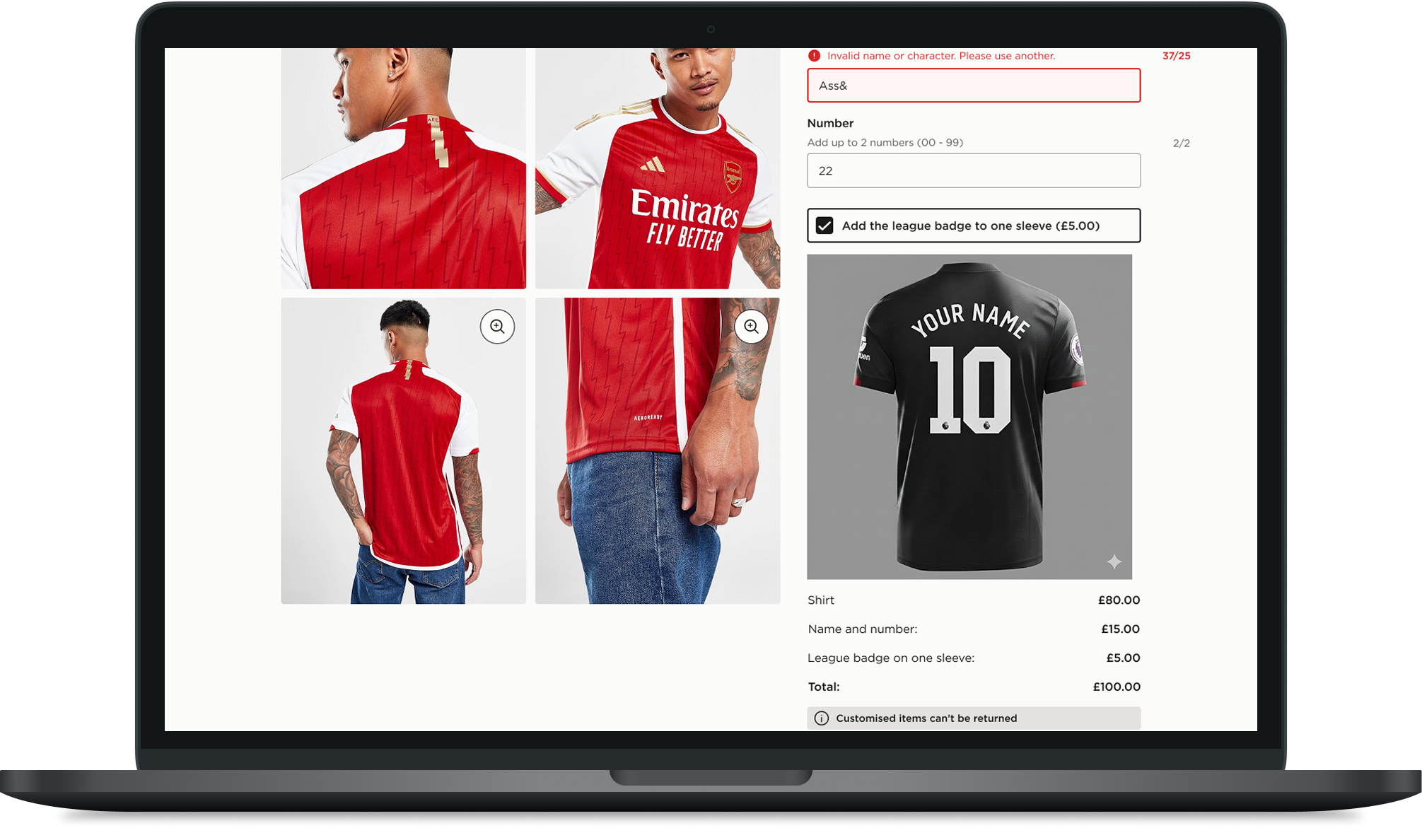 JD Sports product customisation interface on desktop, showing the shirt preview alongside the customisation input fields and size selector