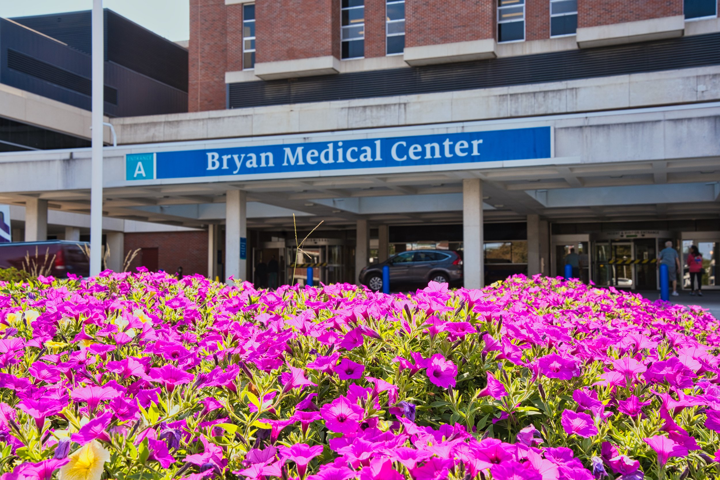A flower bed of pink petunias in front of Bryan Medical Center, with cars and people near the entrance.