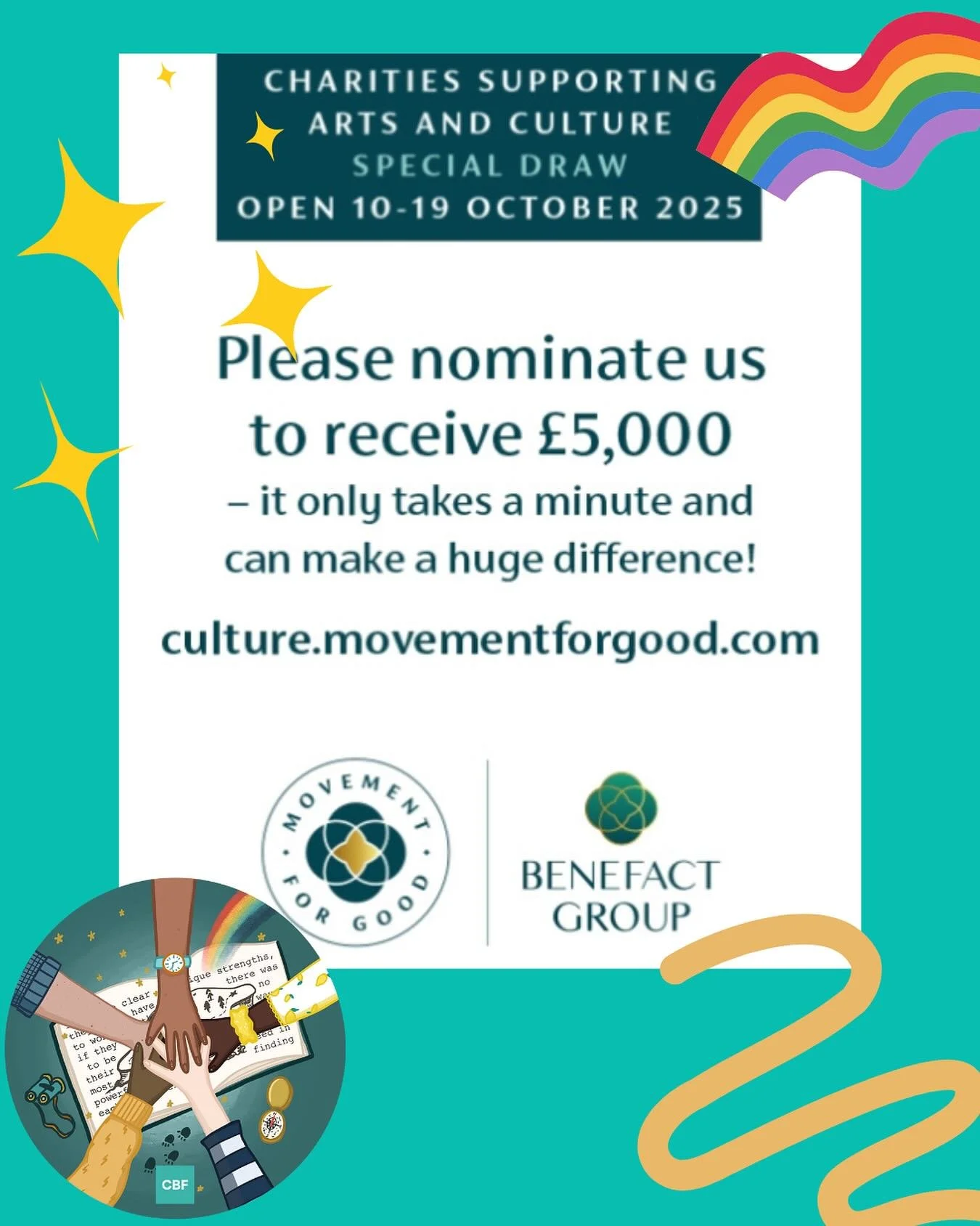 📣 PLEASE help us WIN &pound;5,000! 💫

Please nominate @chichildrensbookfest to receive this amazing funding boost from Movement for Good &ndash; it only takes a minute and it could make a HUGE difference to the work we do with getting books in the 