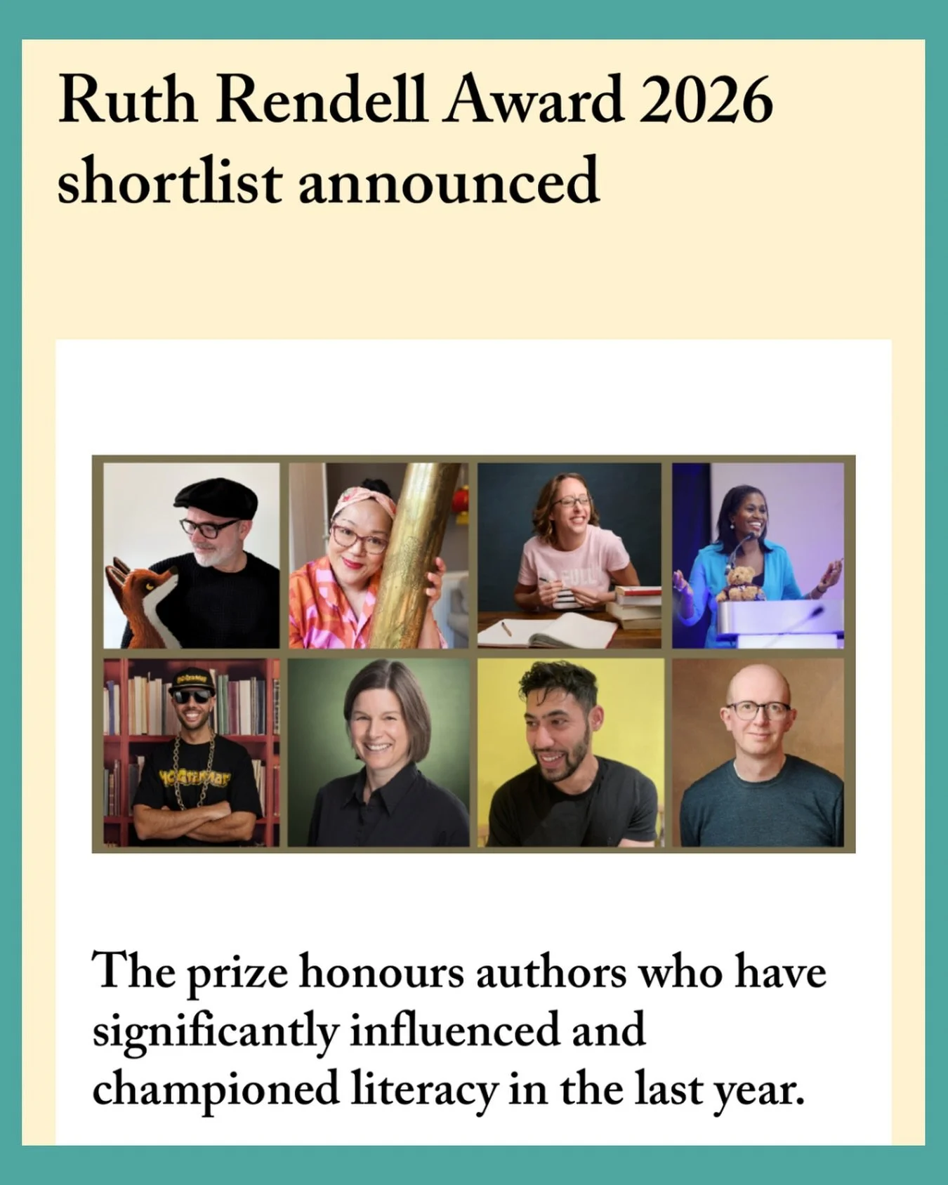 We&rsquo;re absolutely delighted to see the Ruth Rendell Award 2026 shortlist announced! 

A huge and very special congratulations to the wonderful CBF authors Piers Torday, Nicola Garrard, Maz Evans and Rob Biddulph. It&rsquo;s such a joy to see you