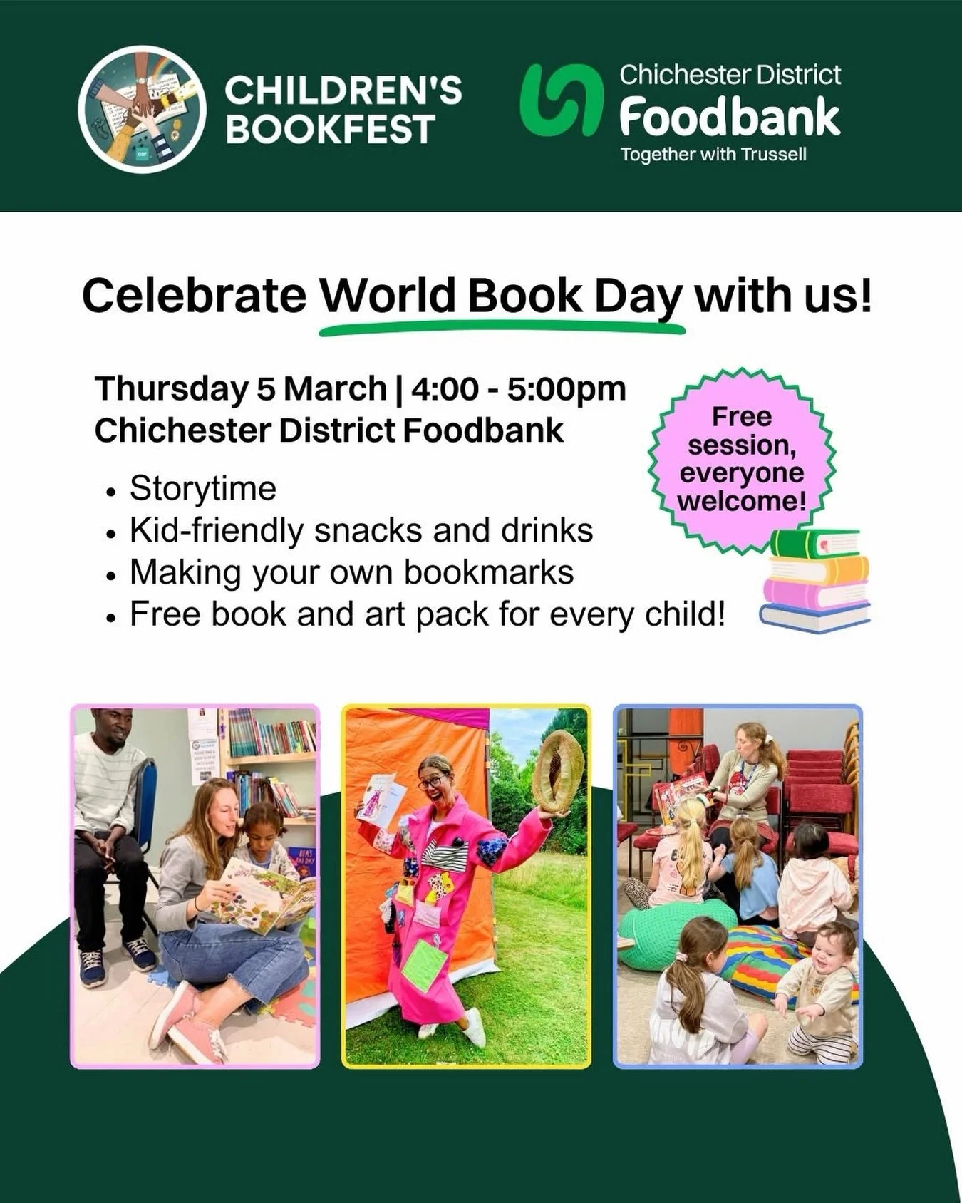 Come and celebrate World Book Day with us and @chidistrictfoodbank 📚✨ 

On Thursday 5 March from 4-5pm, @chidistrictfoodbank will be hosting a free after-school session for families with:

📚 Storytime
🍏 Drinks and snacks
🔖 Make your own bookmarks
