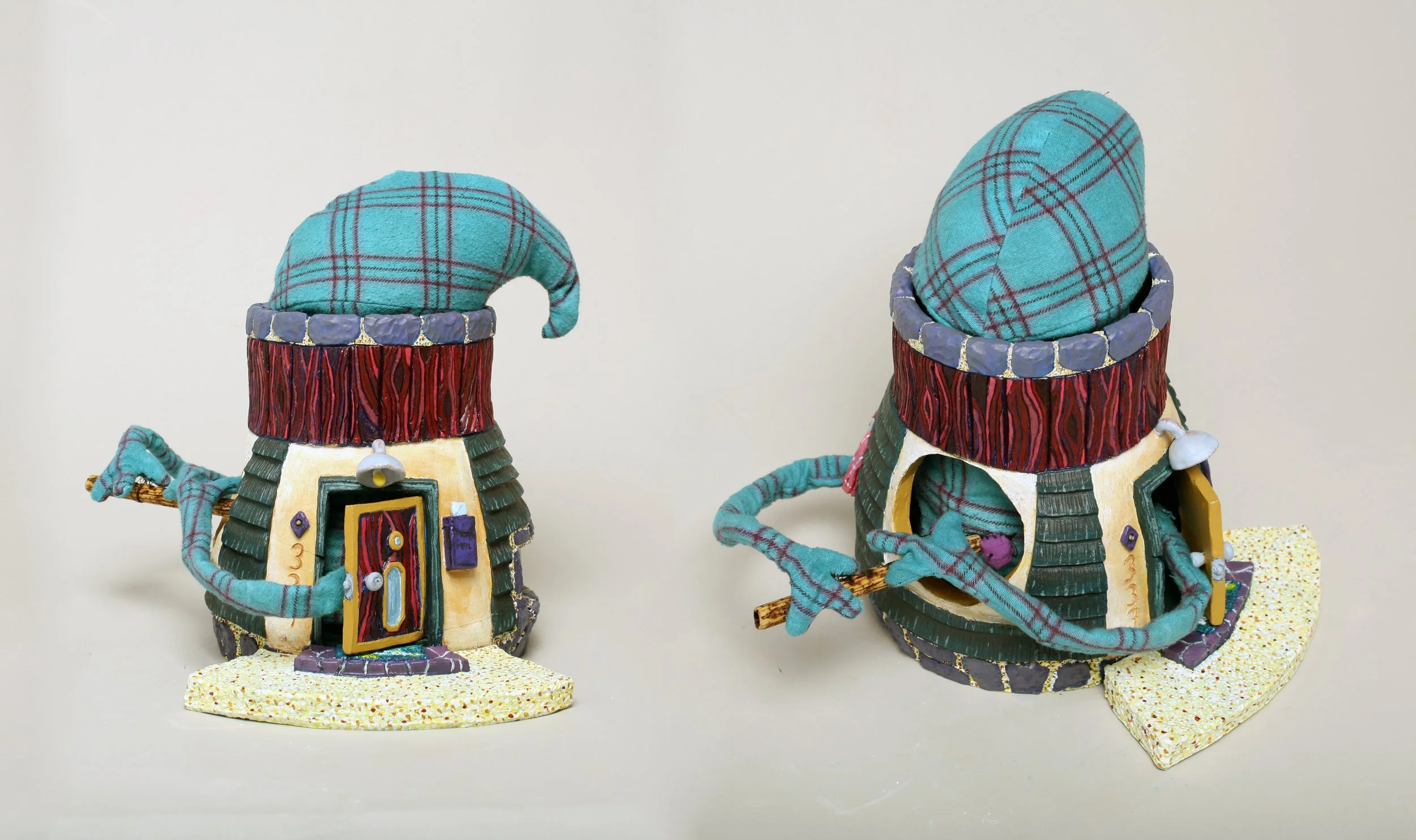 squid man playing flute, 2018
ceramic, acrylic paint, dyed fabric, aluminum wire