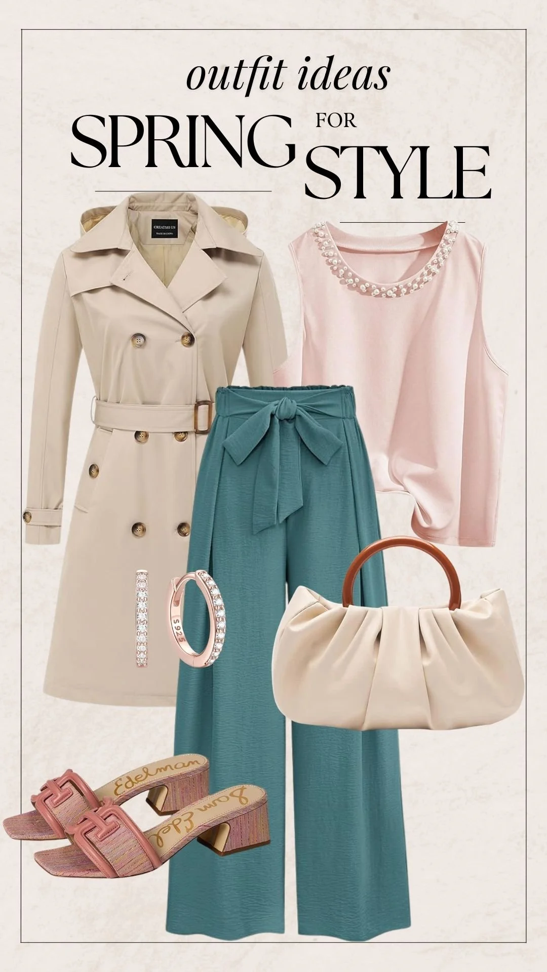 Cute Spring Outfit Ideas - Trench Coat + Pearl Top + Belted Trousers