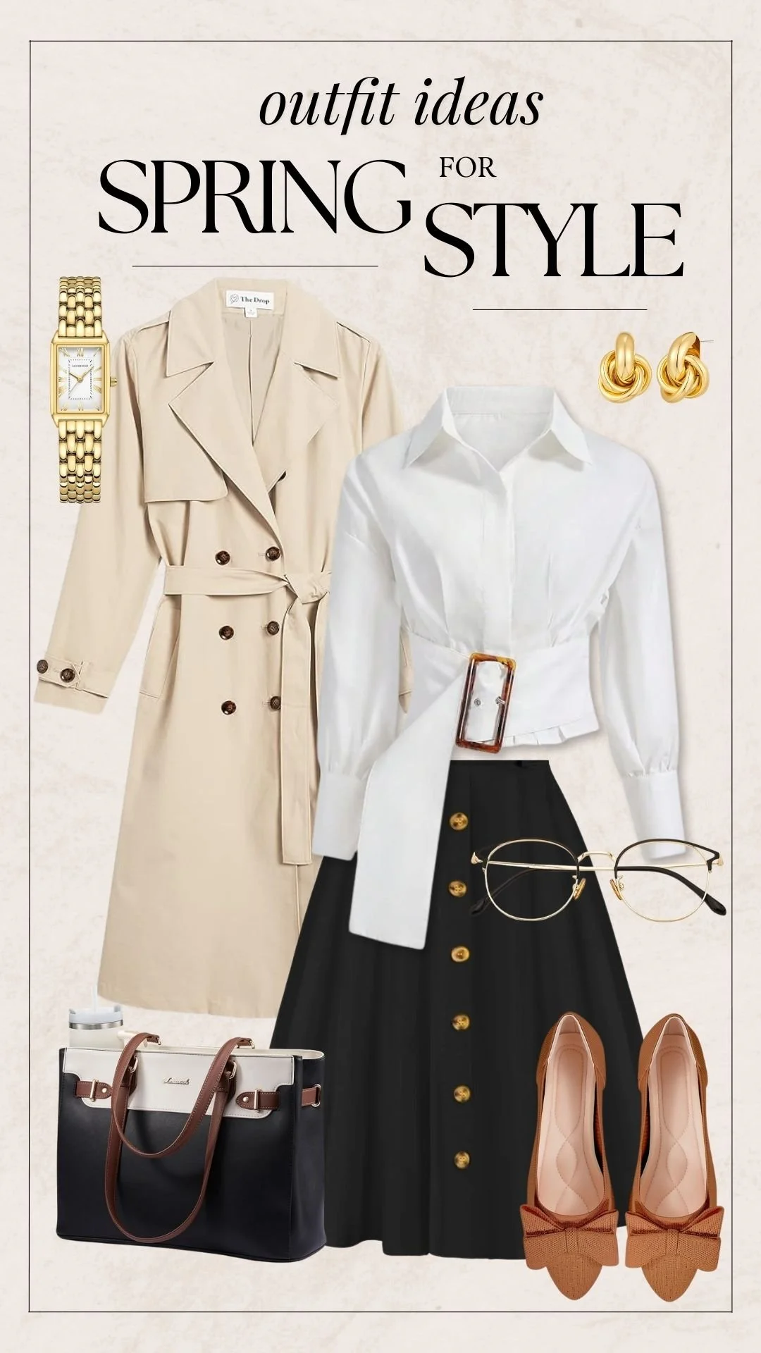 Cute Spring Outfit Ideas - Trench Coat + White Blouse + Skirt