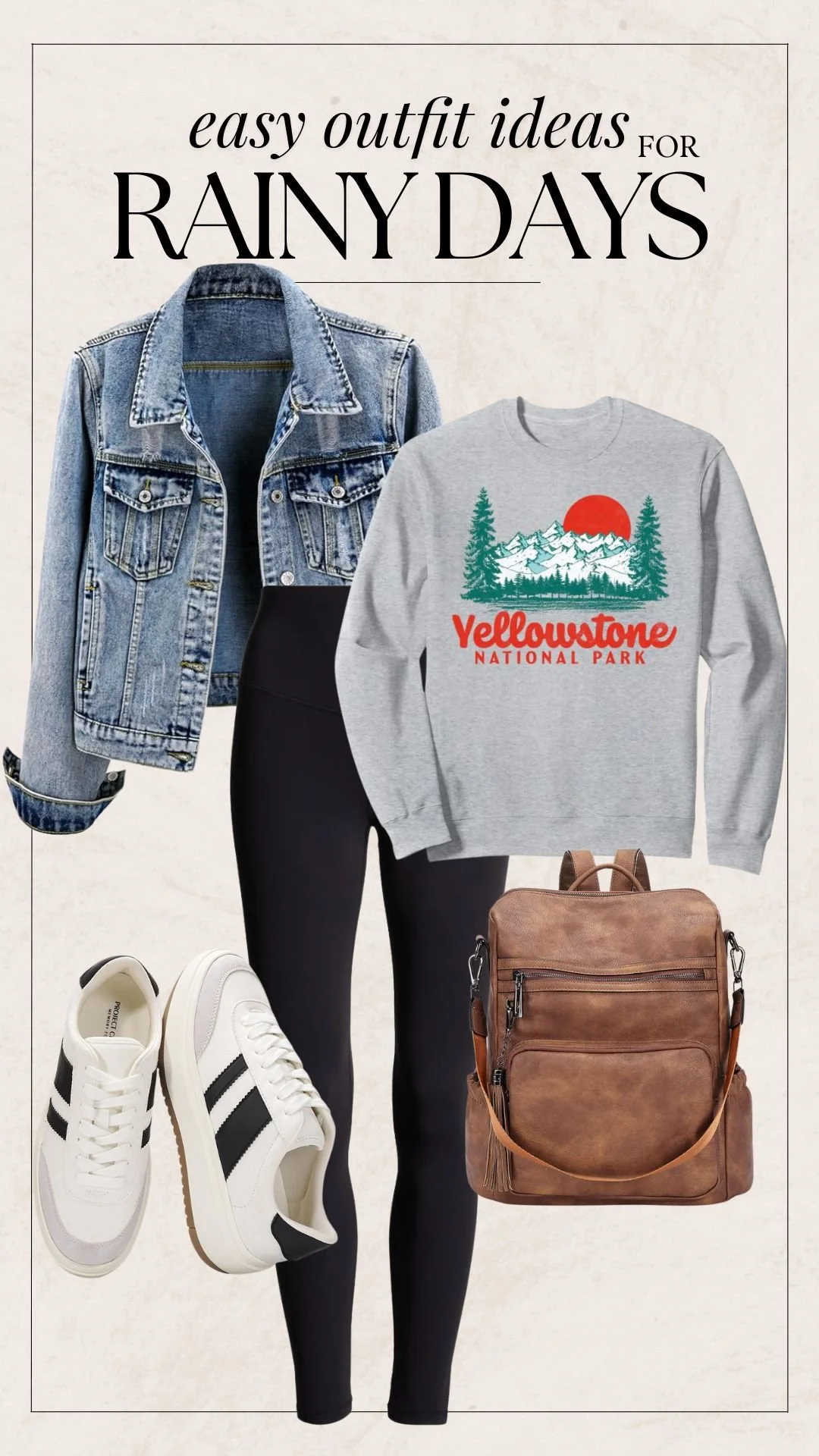 Rainy Day Outfit Ideas - Leggings + Denim Jacket + Graphic Sweatshirt
