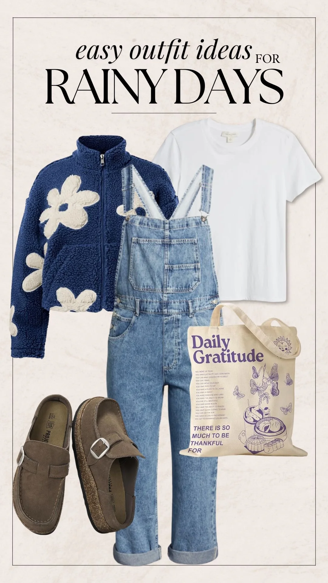 Rainy Day Outfit Ideas - Floral Fleece + Overalls