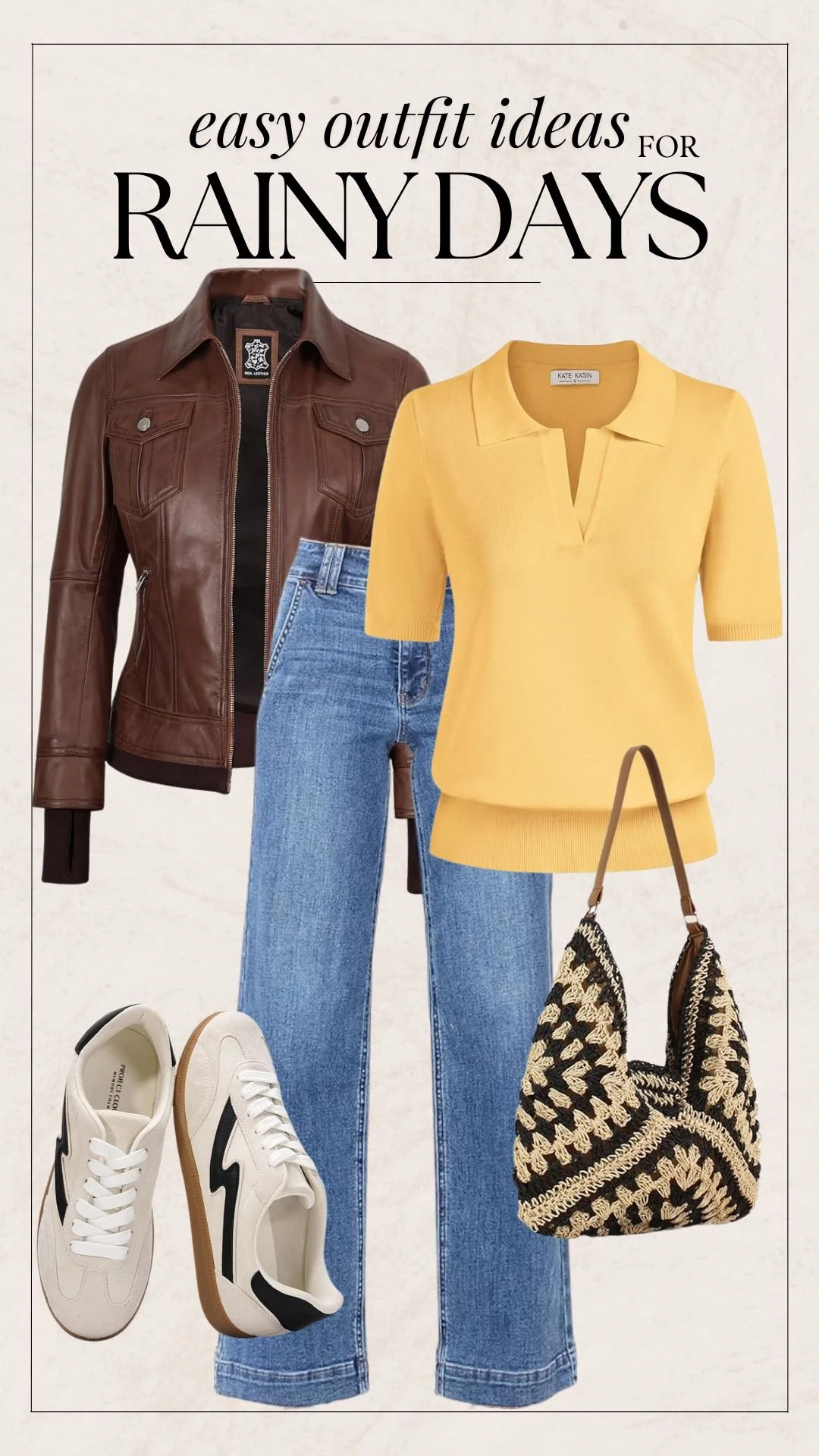 Rainy Day Outfit Ideas - Yellow Polo + Leather Jacket
