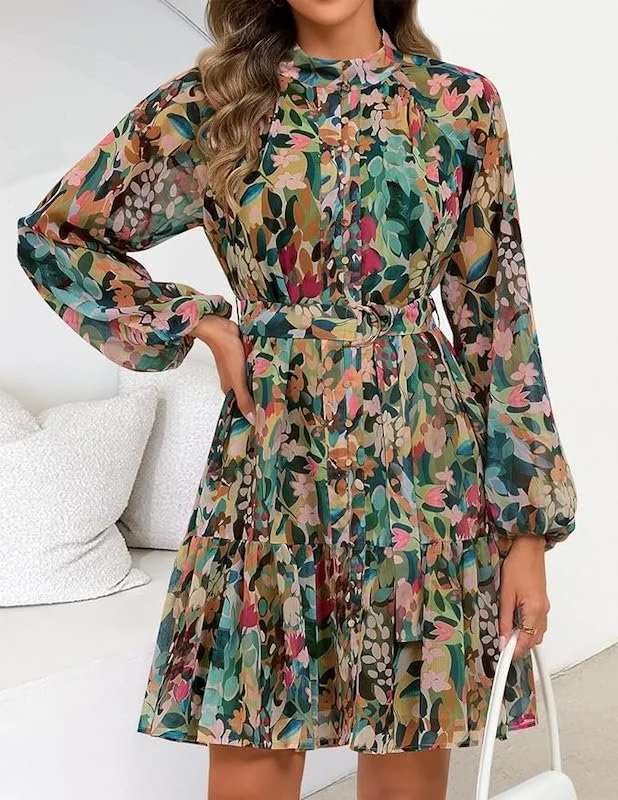 Best Spring Dresses On Amazon - Long Sleeve Belted Bold Print Dress