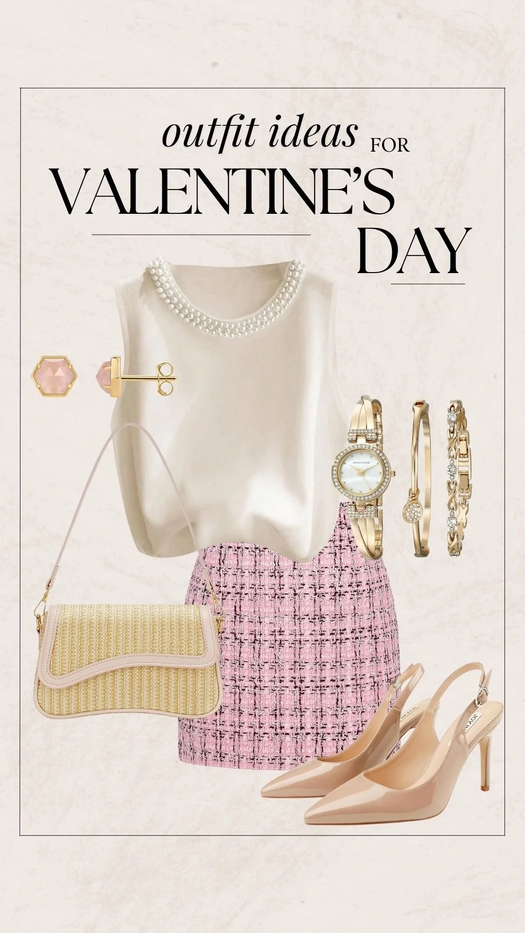 Valentine's Day Outfit Ideas - Pink Tweed Skirt + Pearls