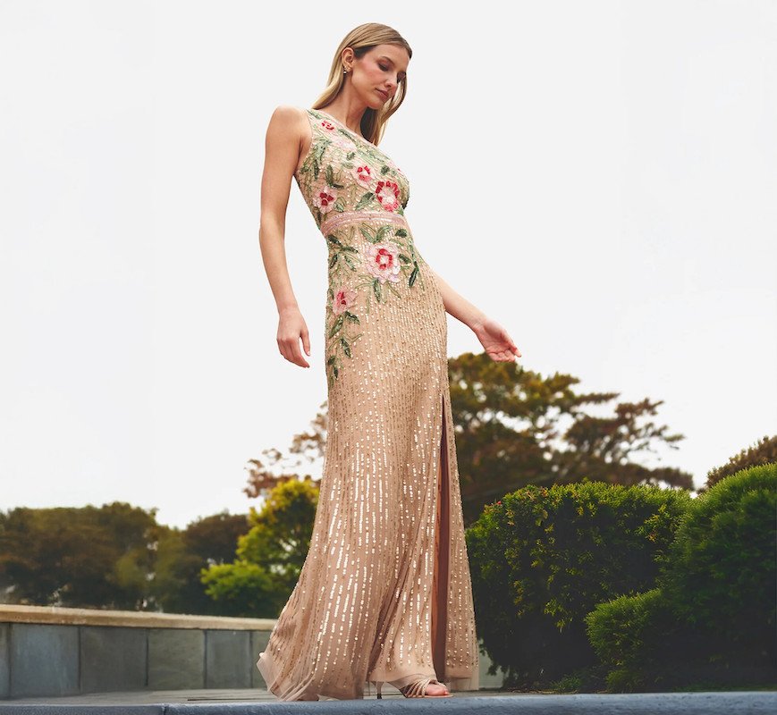 Best Spring Wedding Guest Dresses - Beaded Floral Column Gown