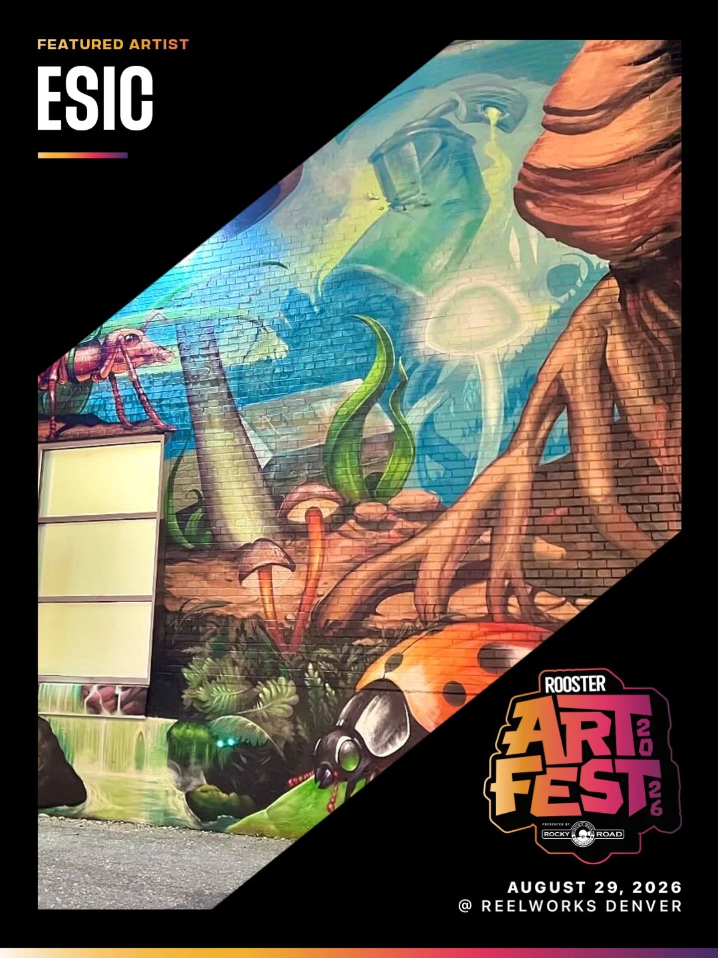 🌟Featured Artist Spotlight🌟
@roostermag is thrilled to showcase the incredible work of @esic at ArtFest 2026, Saturday August 29th at @reelworksdenver 

#RoosterArtFest2026 #denverevents #denverart #muralist