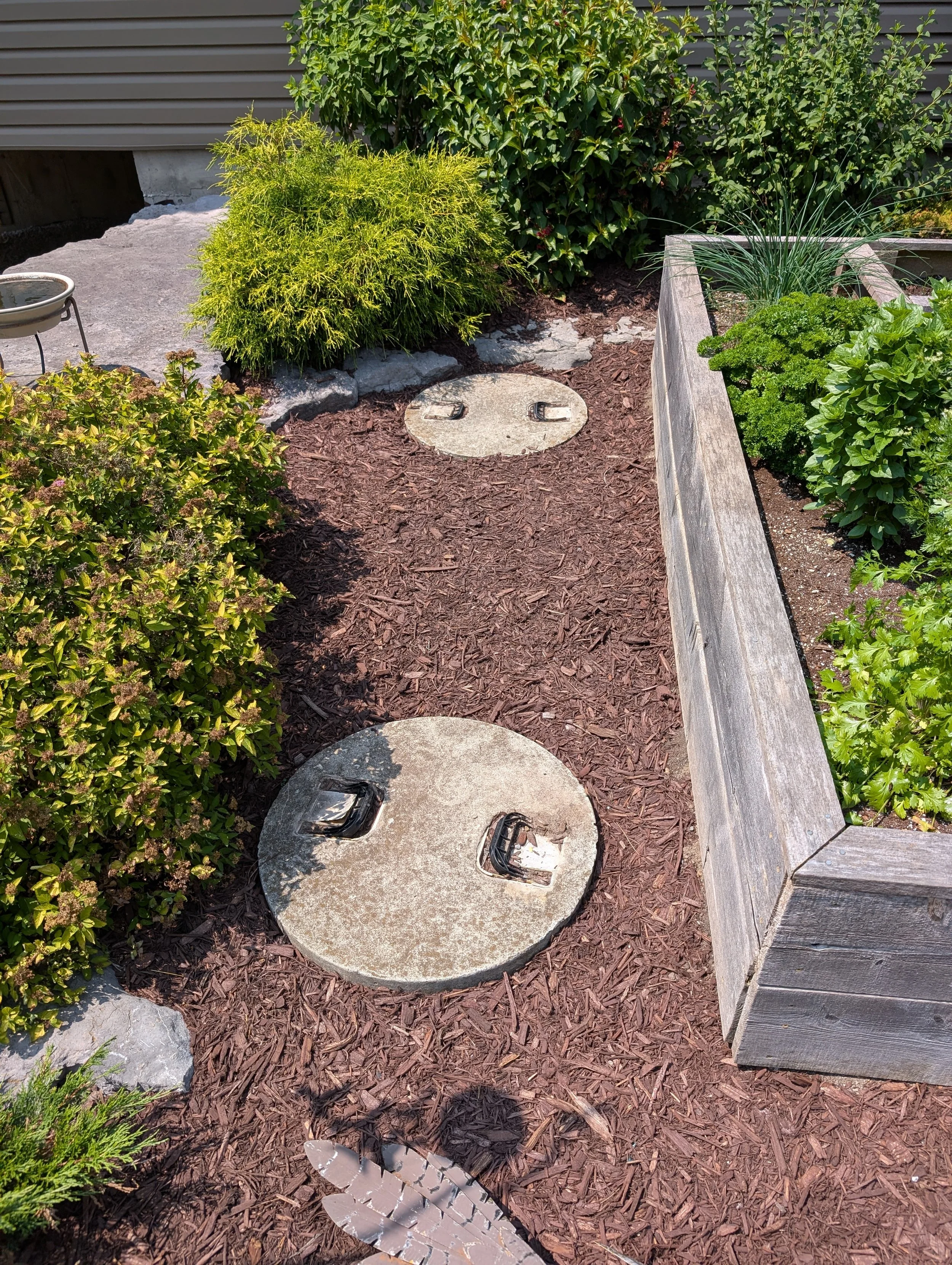A garden area with mulch, bushes, and a raised planter. An ornate metal bird statue is broken and lying on the mulch near a large stone with a manhole cover. A small standing pot is visible in the top left corner.
