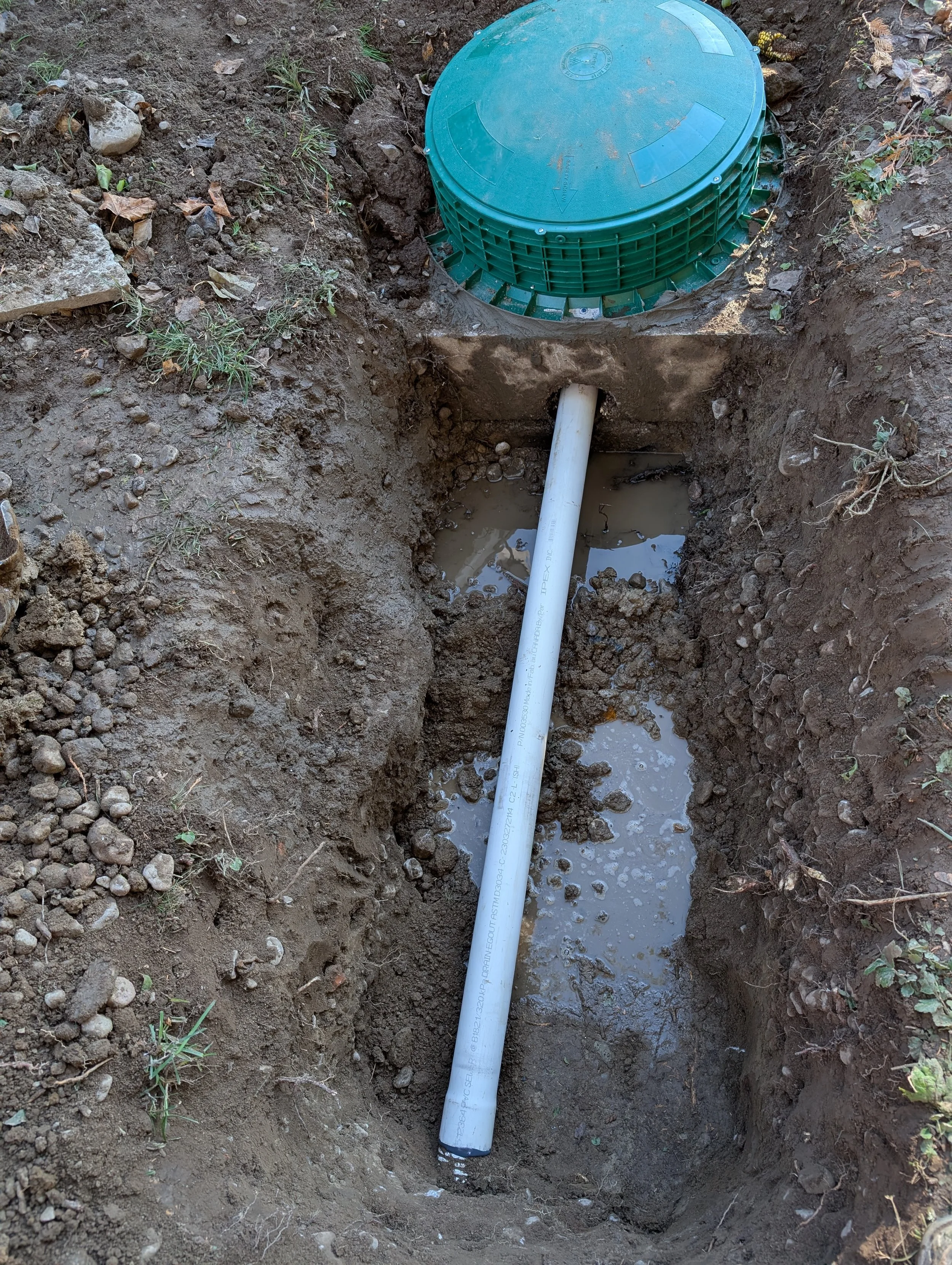 View of a sewer or drainage pipe installation with a white pipe extending into a trench and a green plastic inlet cover at the surface, surrounded by dirt and small patches of grass.