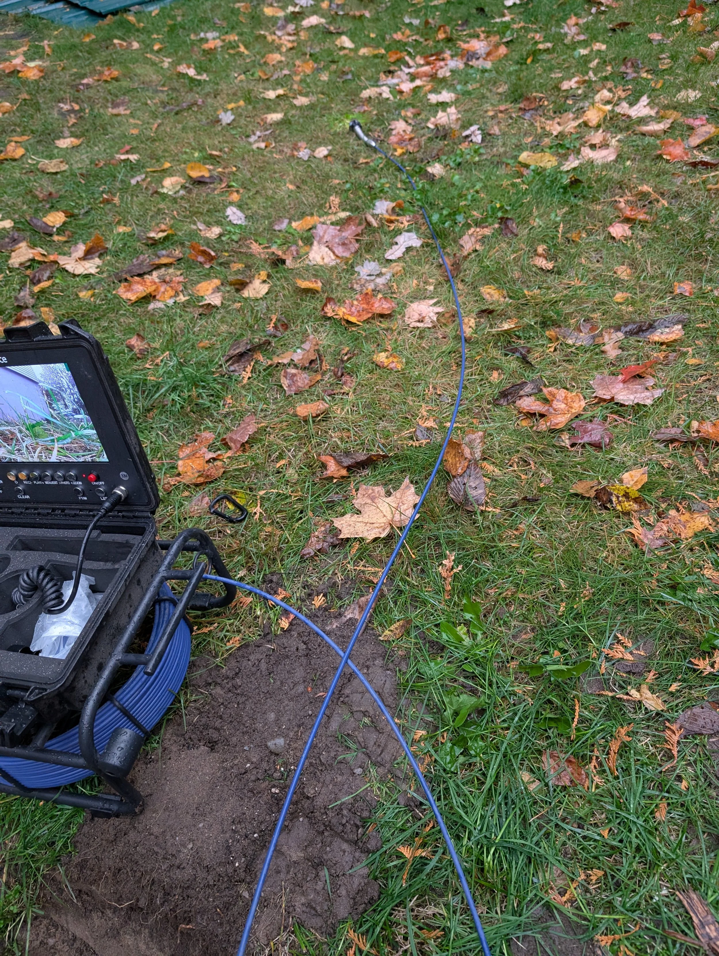 A ground-level view of a patch of grass with fallen autumn leaves, with equipment including a cable and a monitor visible in the lower left corner.