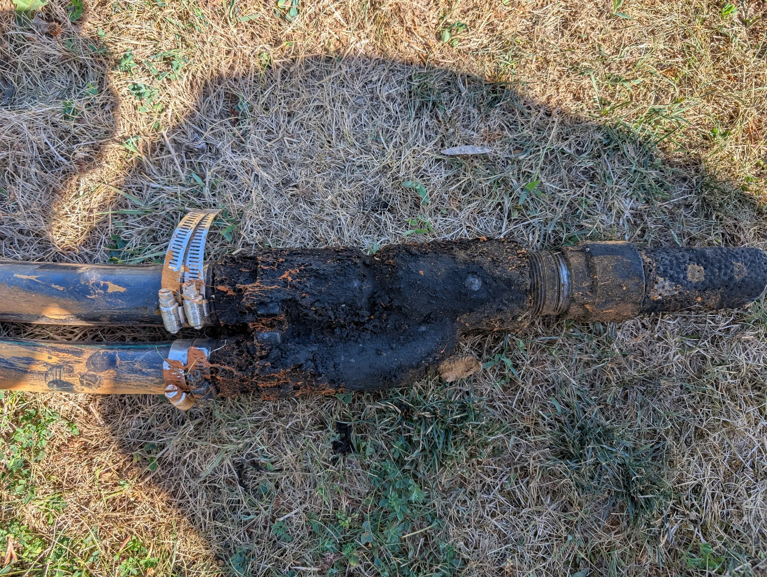 A patch of dry grass and weeds with a black pipe running through it and a measuring tape attached to it, in an outdoor setting.