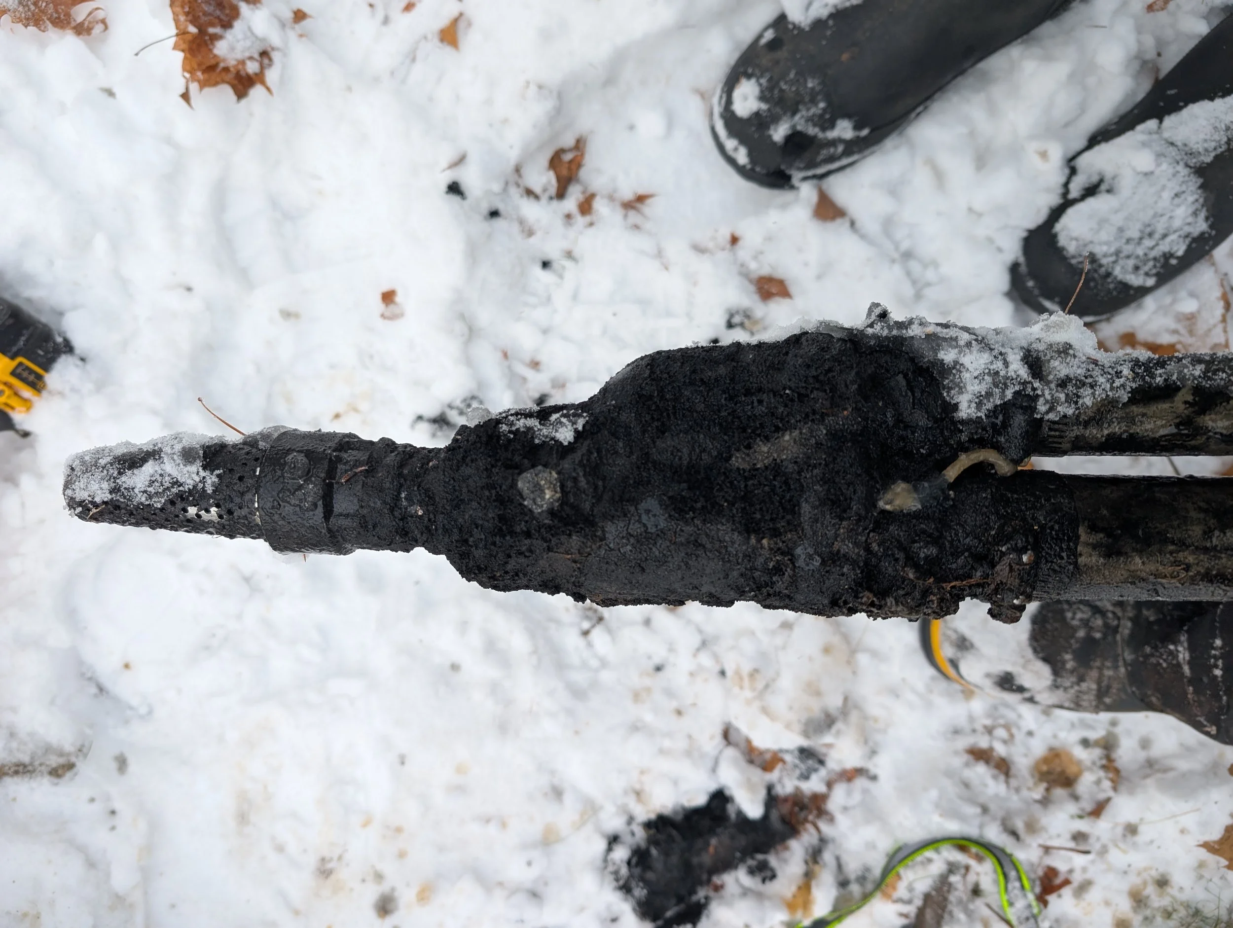 Close-up of black snow-covered hiking shoes standing on snow, with brown leaves and a snow-covered ground visible.
