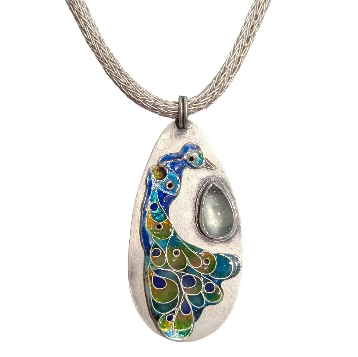 Cloissone pendant with fine silver hand made Viking knit chain by gallery member Nan Lopata.