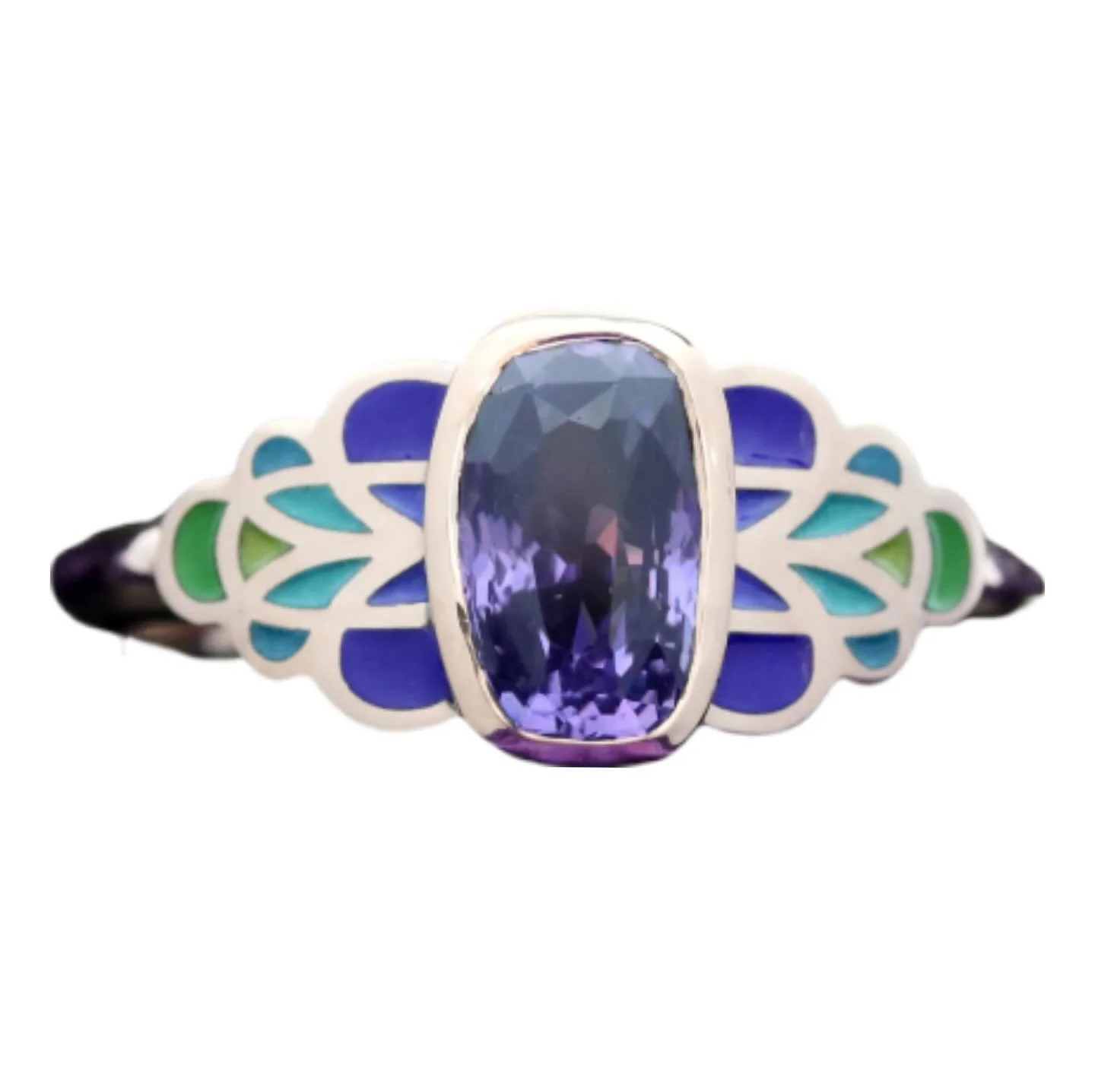 Gallery member Holly Hague brings an Art Deco sensibility to this beautiful sapphire and rose gold champleve ring.