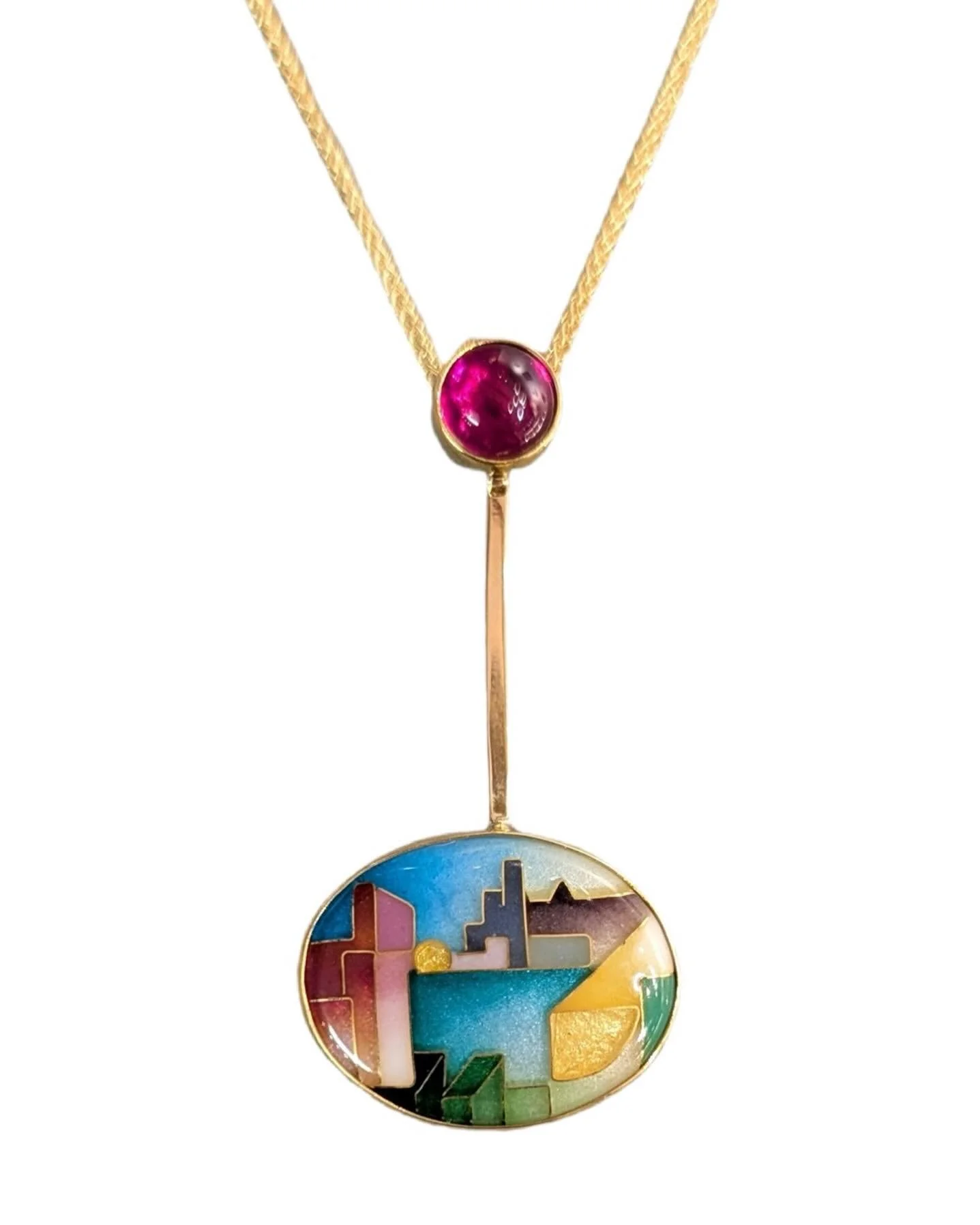 Abstract cityscape in vitreous enamel and 18 karat gold  created by Gallery member Don Viehman.
#enameljewelry #enamelpendant #oldtownalexandria