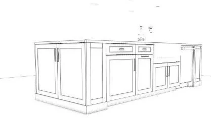 Line drawing of a kitchen cabinet and countertop layout with multiple cabinets and drawers.