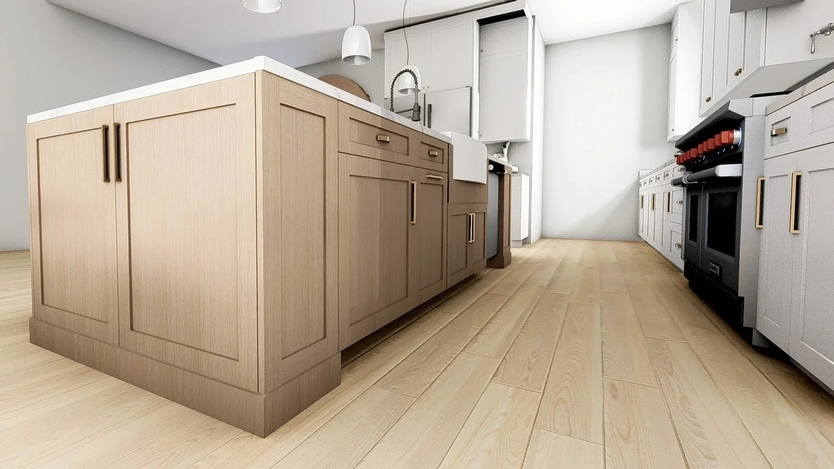 Modern kitchen with light wood cabinets, a white island, and a black oven on the right side.